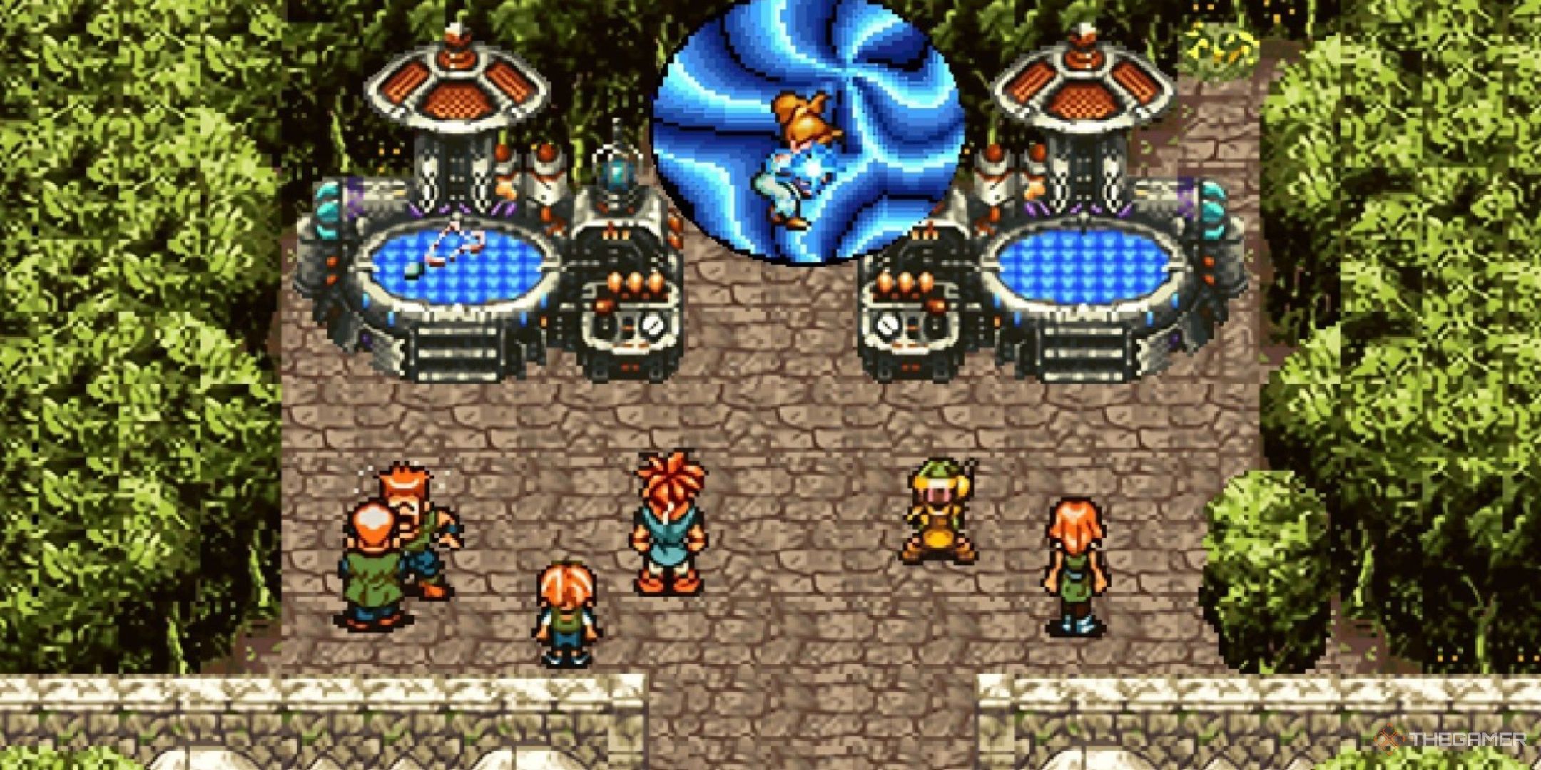 Marle is pulled through a Time Gate in a teleporter accident as Crono and Lucca look on in Chrono Trigger.