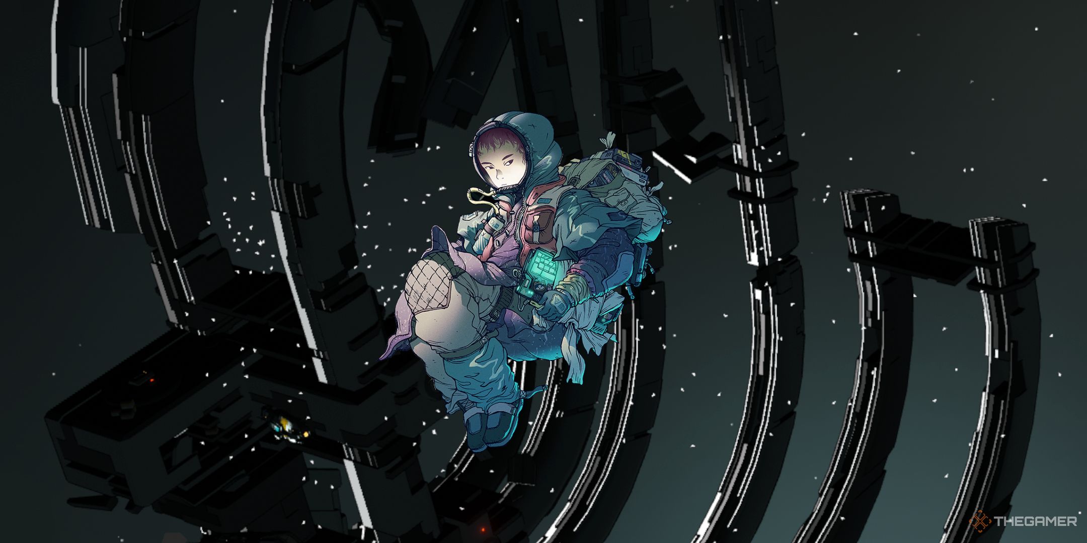 Citizen Sleeper 2. Juni in her space suit floating in front of the Helion Gate.