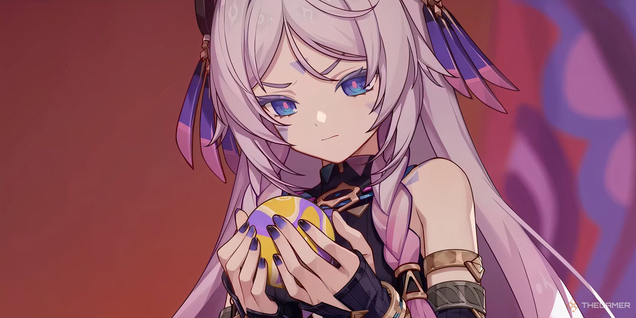 Citlali from Genshin Impact with her brows furrowed, staring down at a ball in her hands.