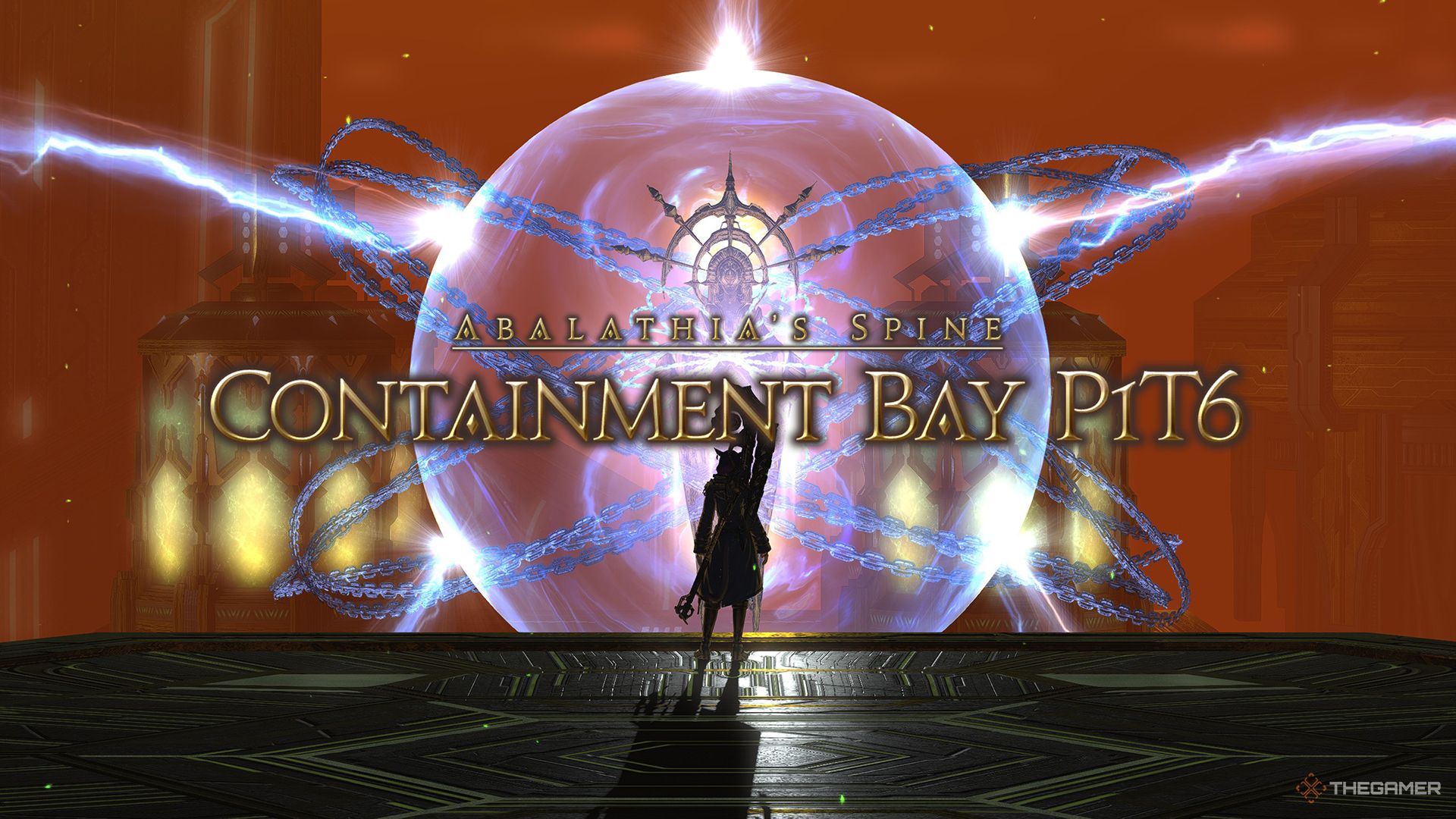 بازیکنی که مقابل مجسمه زندانی سوفیا در داخل Containment Bay P1T6 در Final Fantasy 14 ایستاده است.