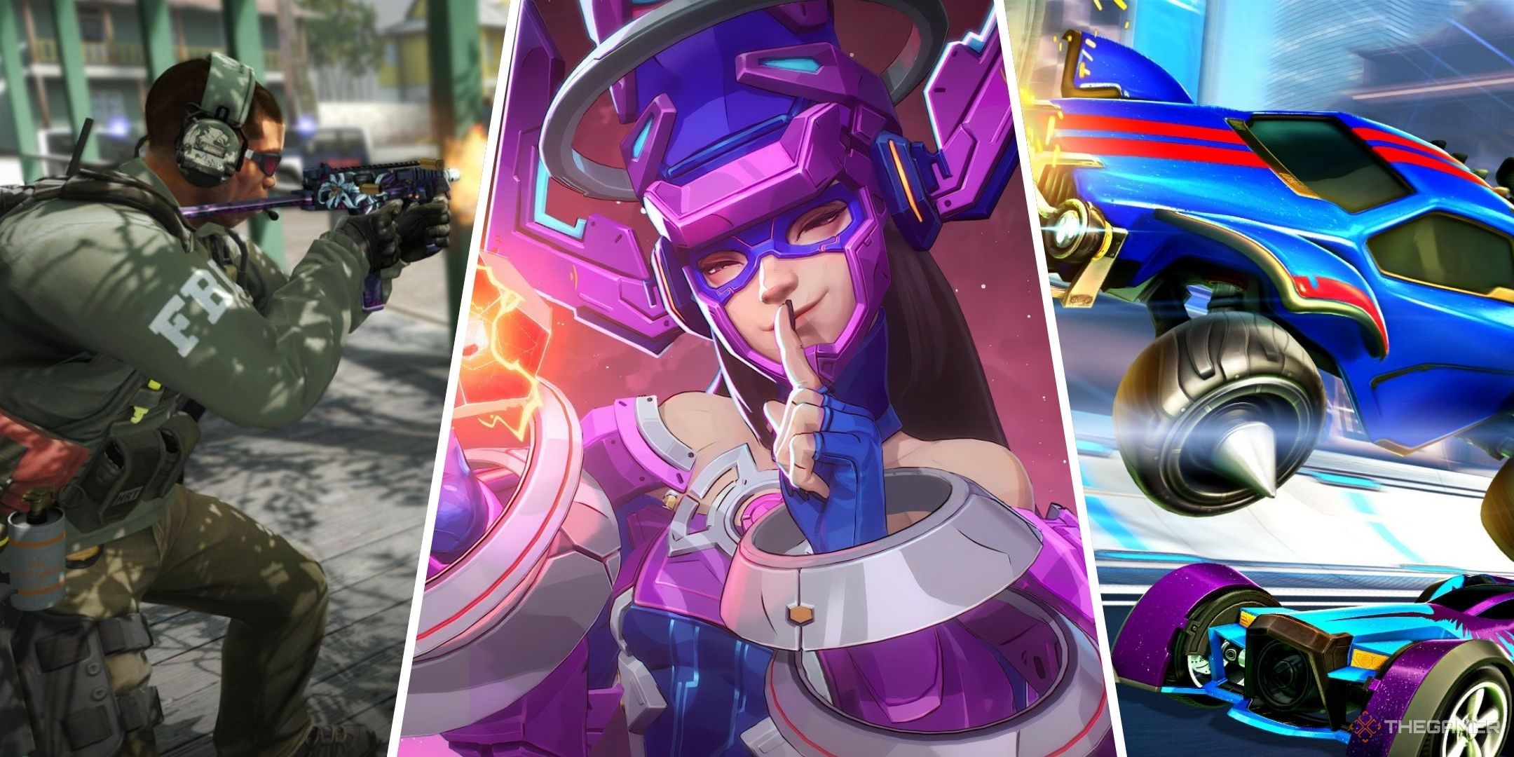 Collage showing images from Counter-Strike, Marvel Rivals and Rocket League.