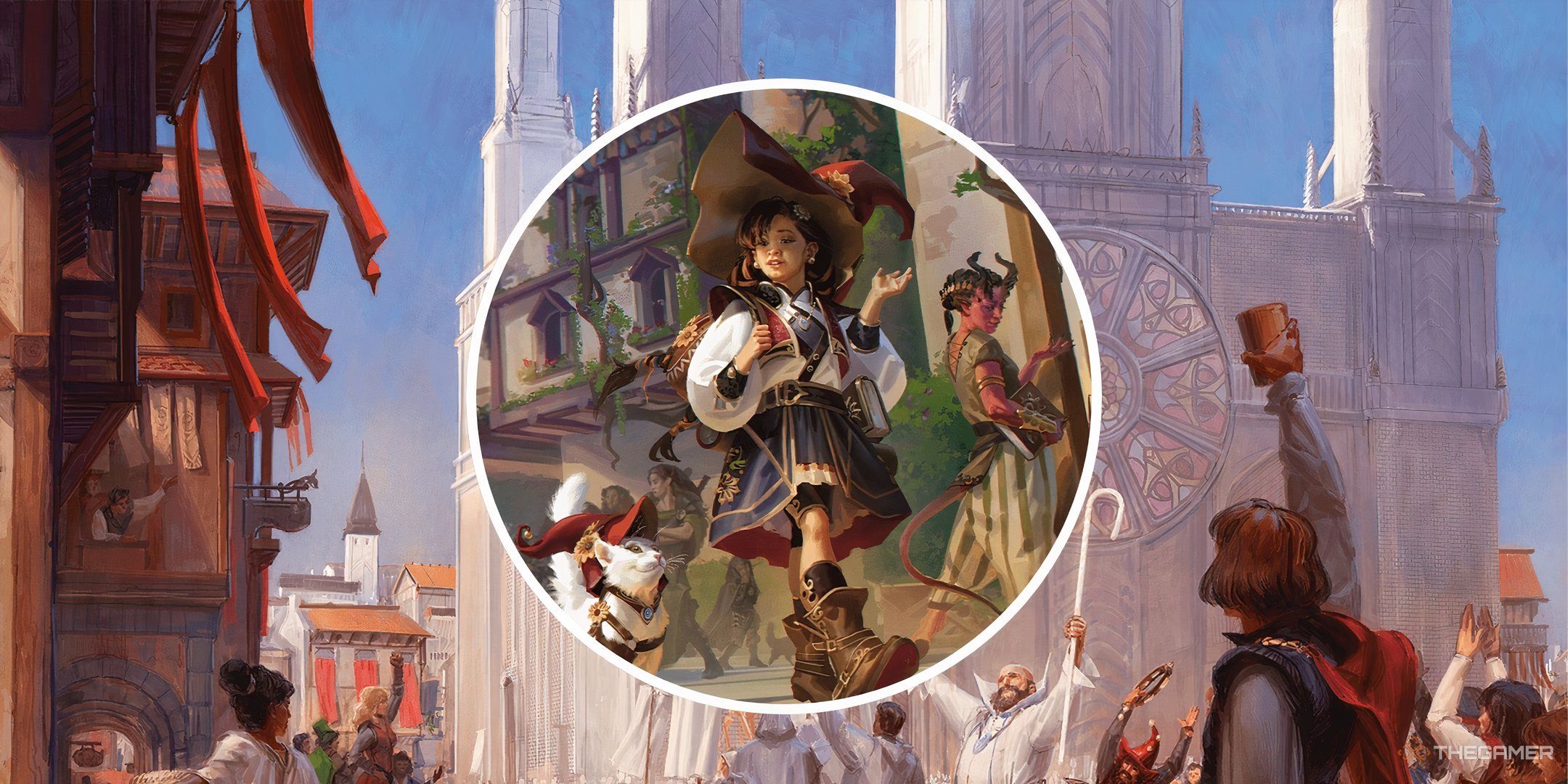 A split image of a young wizard shopping with a background of a large city in Dungeons & Dragons.