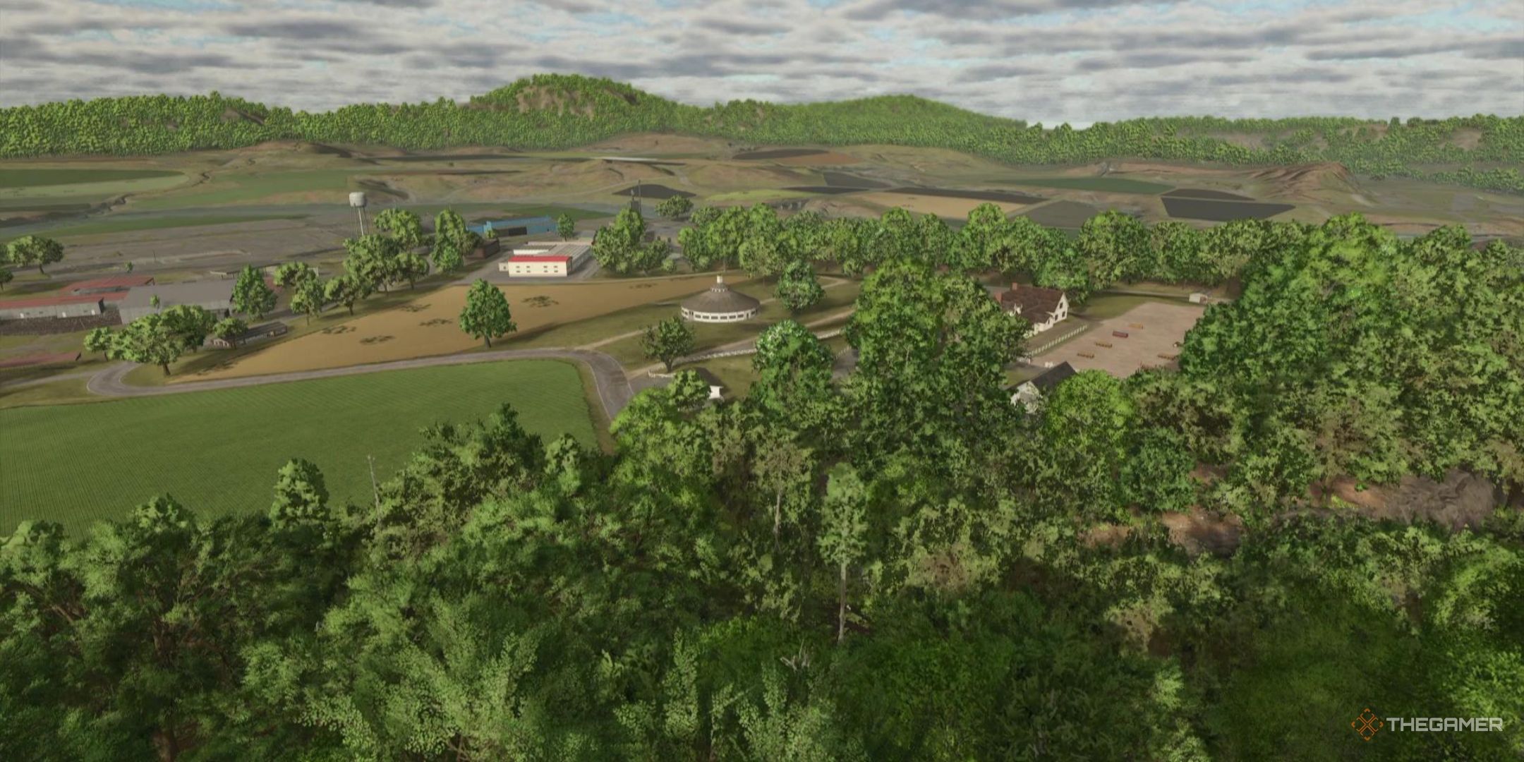 The view from above Riverbend Springs in Farming Simulator 25.