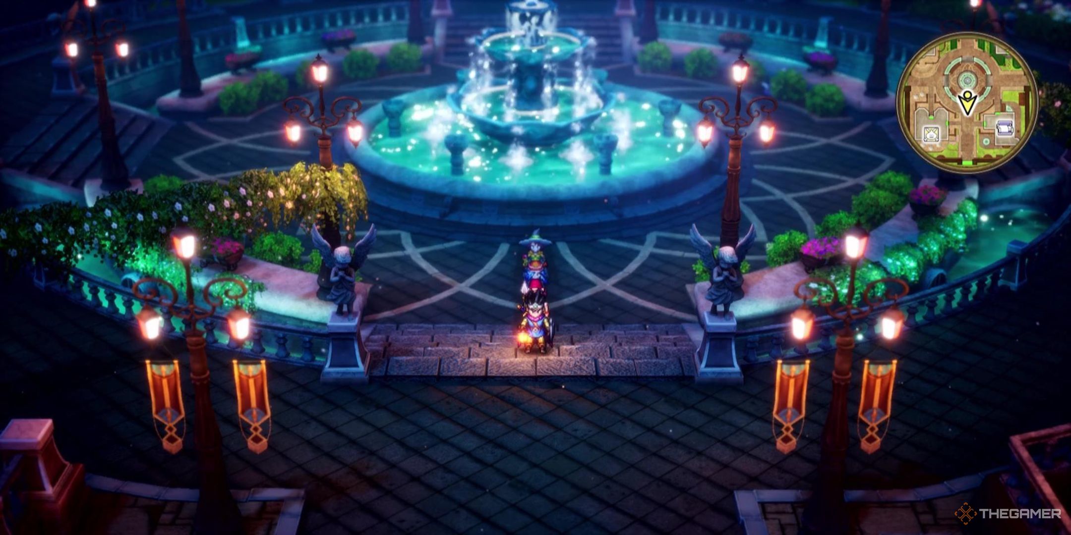 The party stands in front of a beautiful fountain in Dragon Quest 3 Remake.