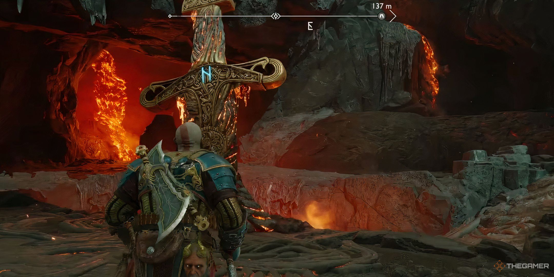 Kratos approaching a giant sword in God of War Ragnarok. 