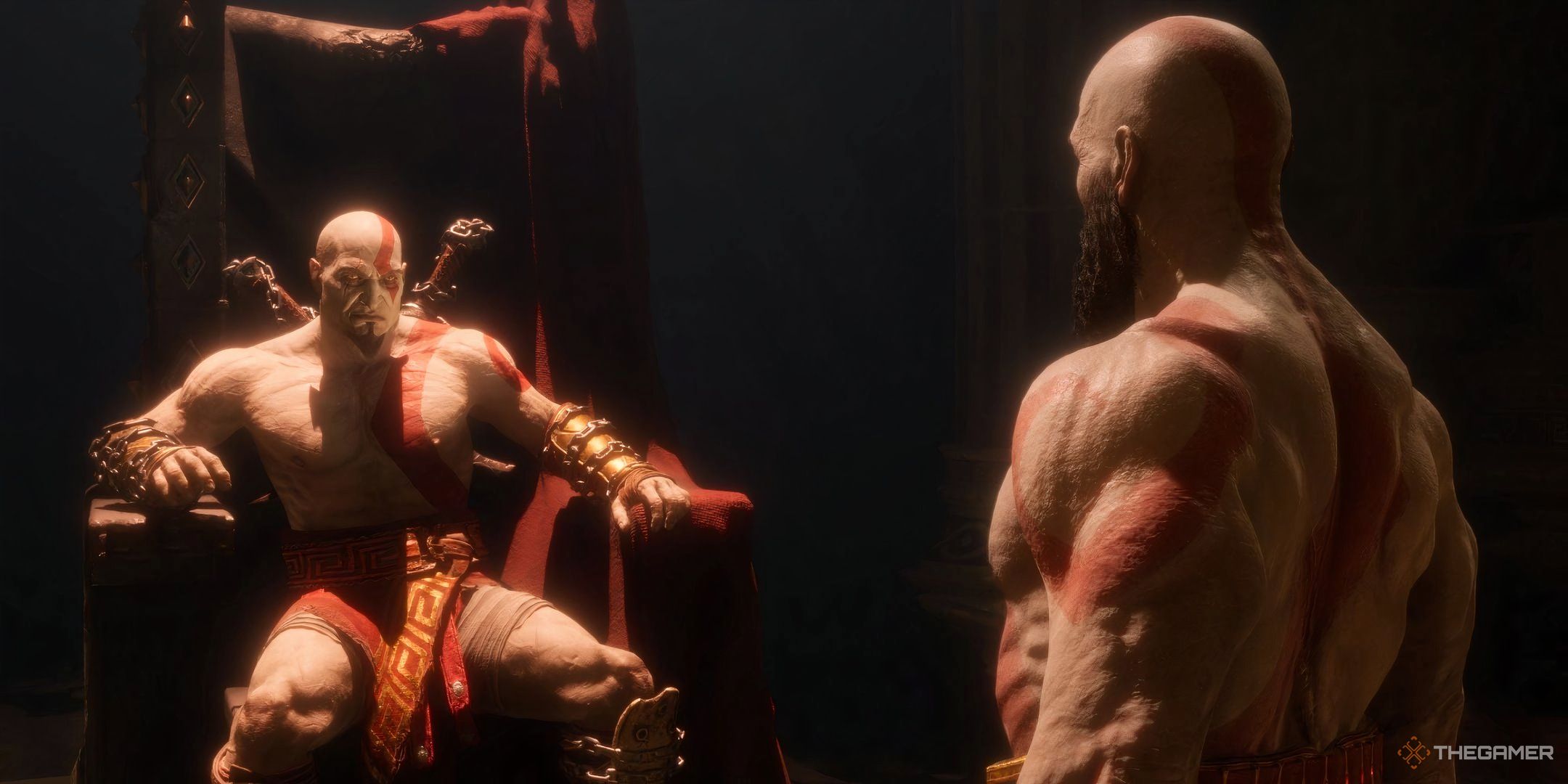 Kratos confronting a past version of himself, who sits on a throne, in God of War Ragnarok. 