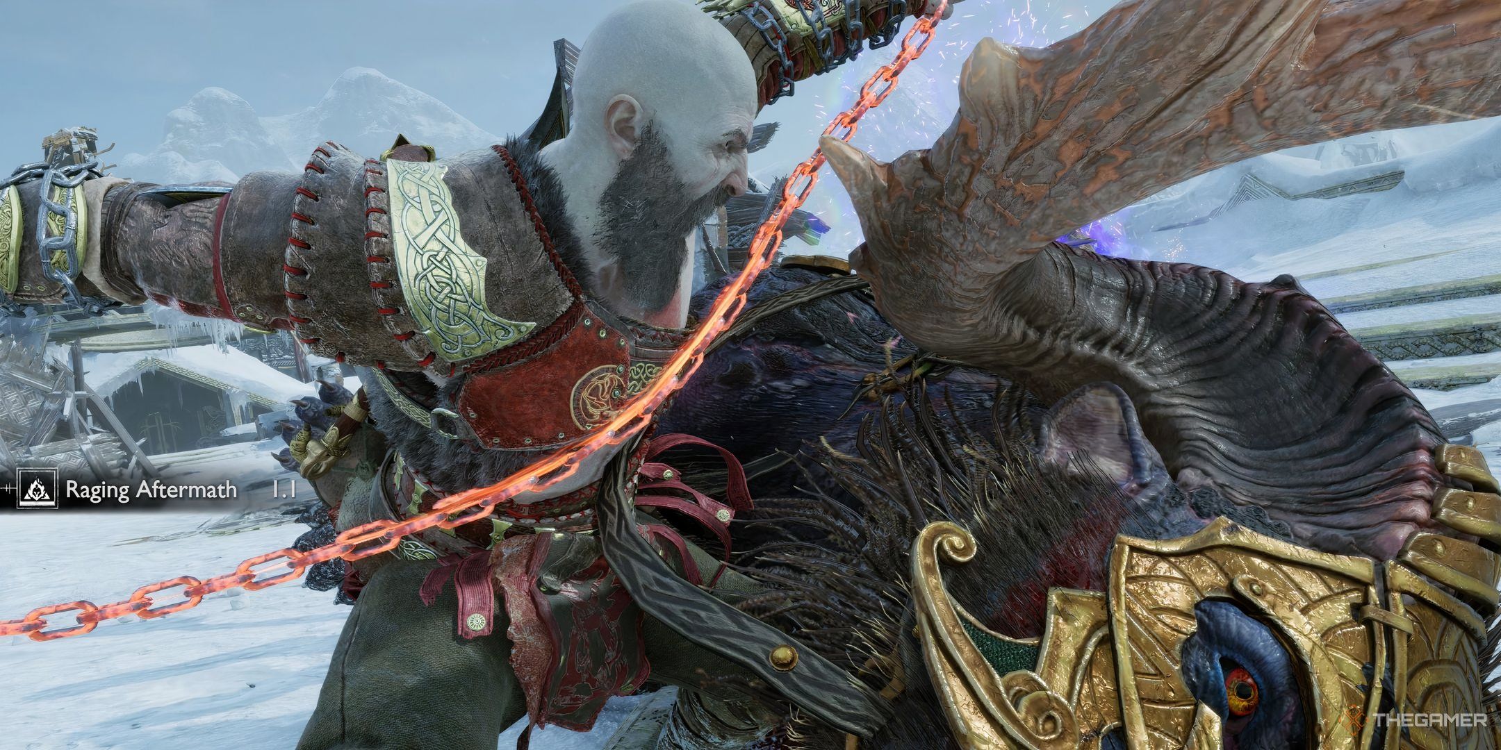 Kratos fighting one of Odin's minions in Midgard in God of War Ragnarok. 