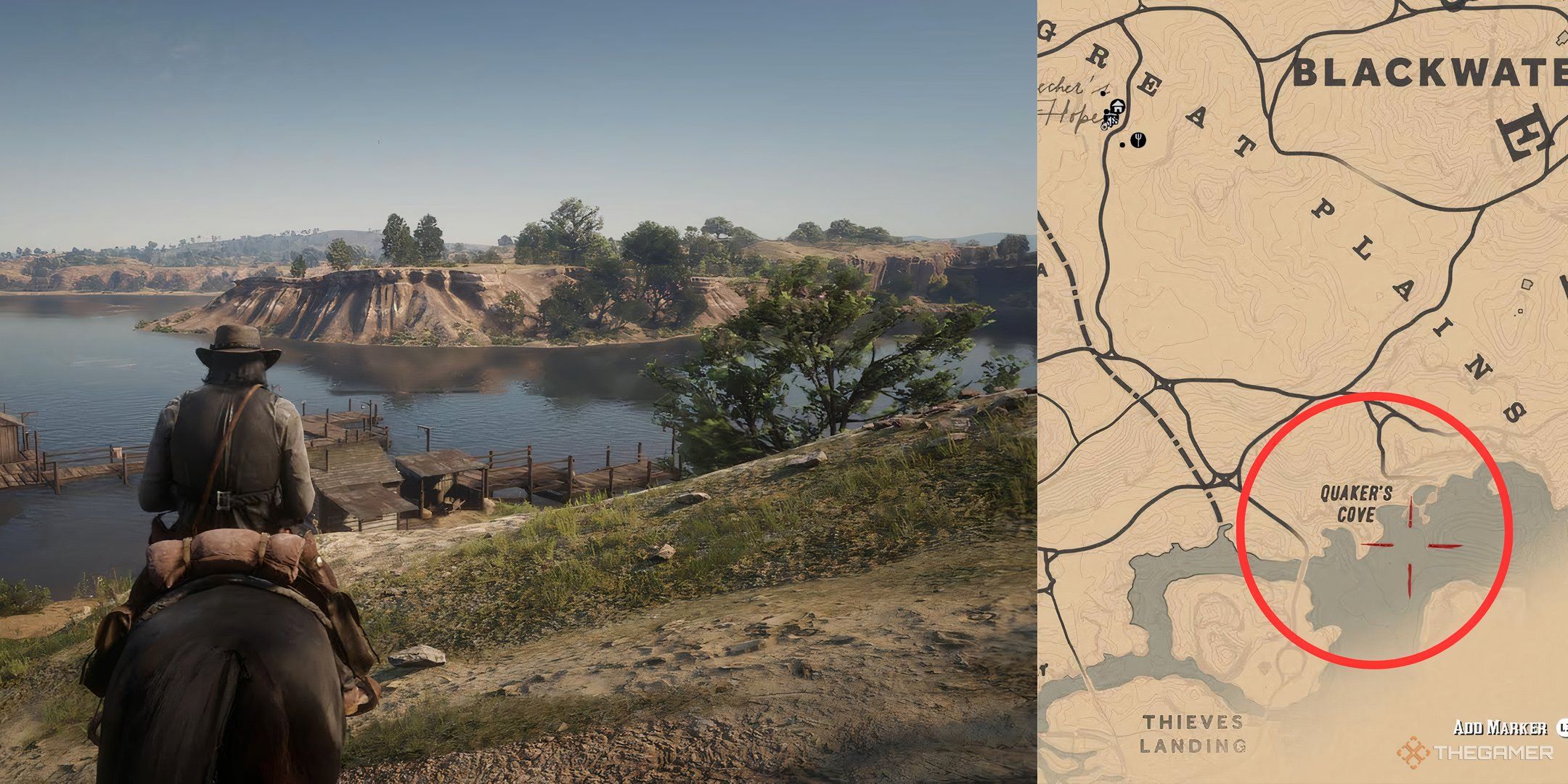 A map of Quaker's Cove side by side with the real location in Red Dead Redemption 2.