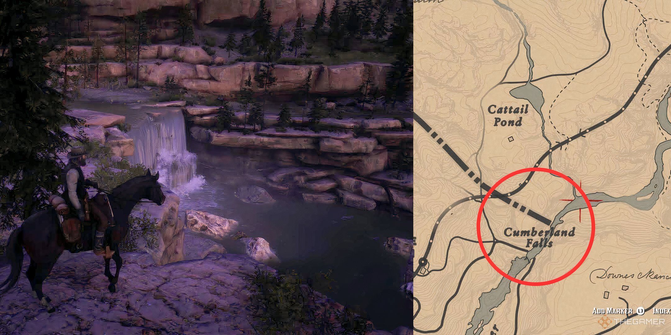 A map of Cumberland Falls in Red Dead Redemption 2.