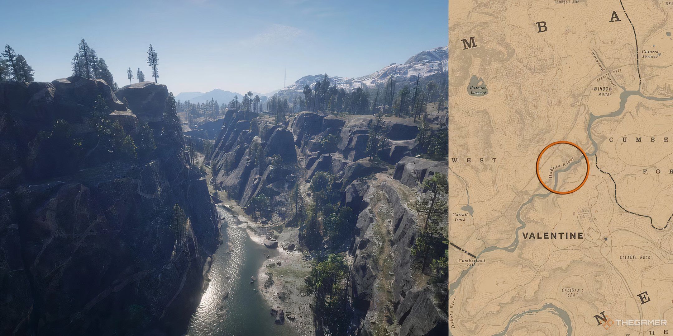 An image of the Dakota River from Red Dead Redemption 2, a thin river between two mountains that contain many waterfalls for fishing.