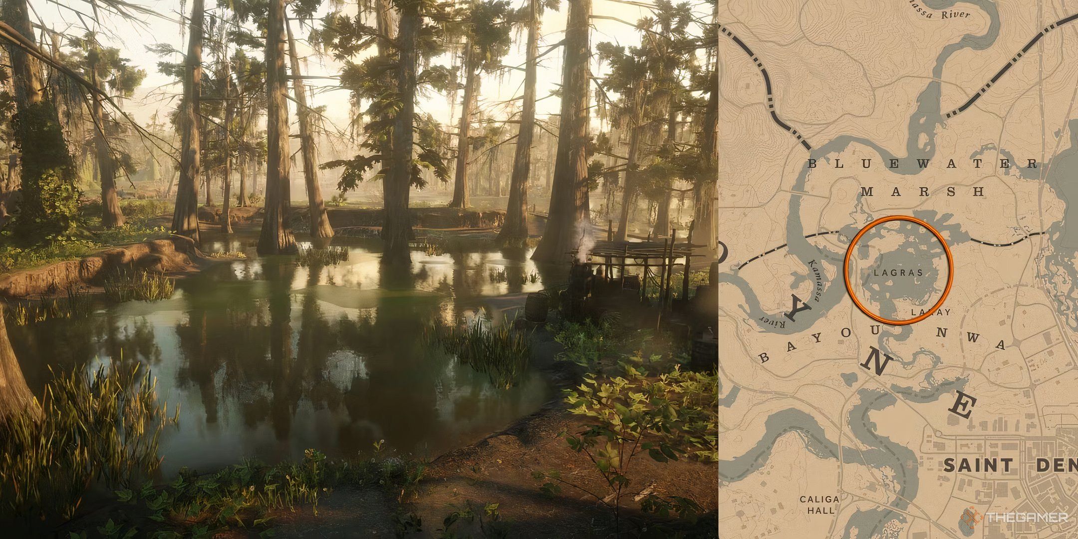 The Lagras map image next to the actual location in Red Dead Redemption 2.