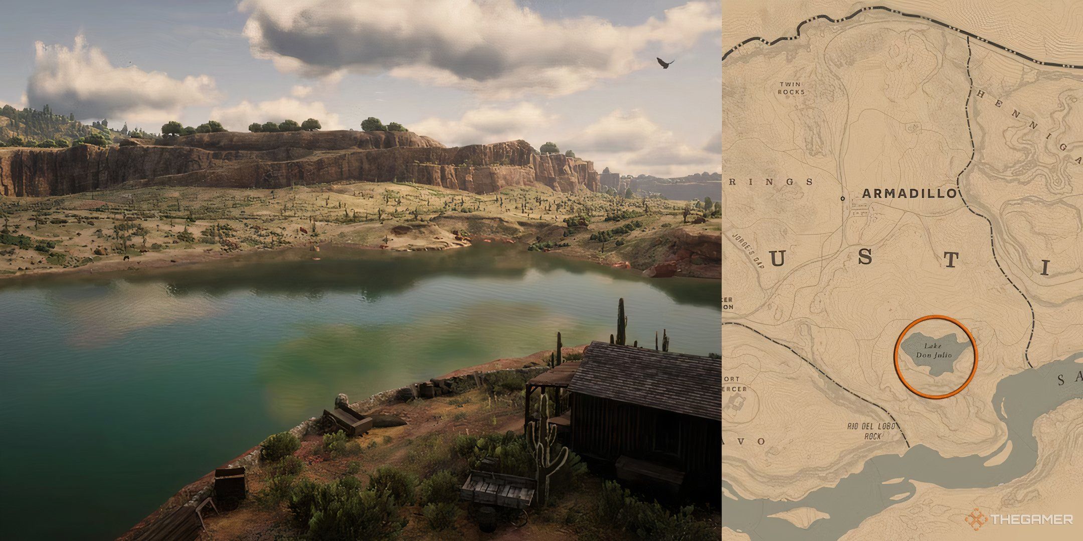 An image of Lake Don Julio from Red Dead Redemption 2, a medium-sized body of water great for fishing in New Austin.