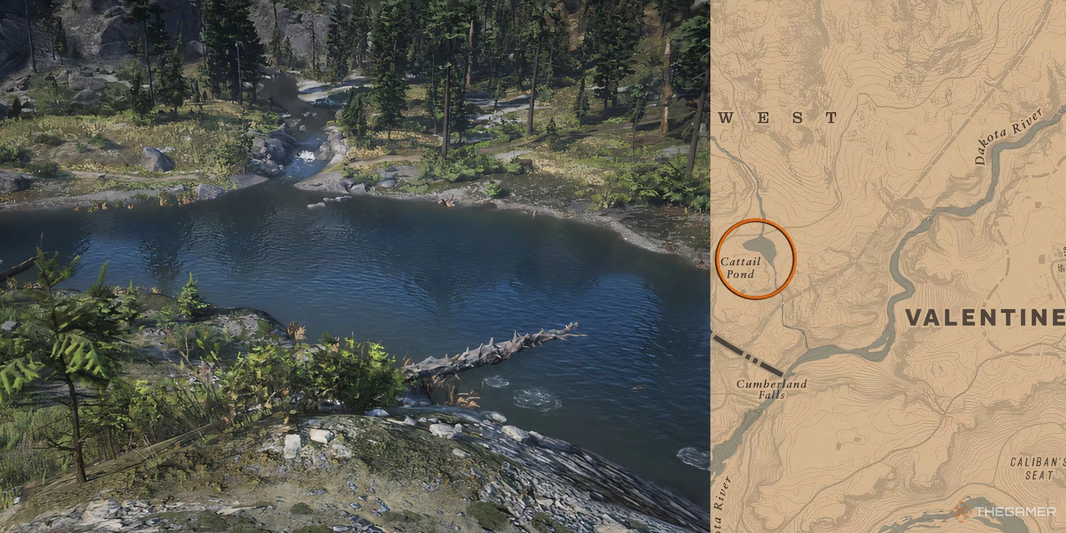 An image of Cattail Pond from Red Dead Redemption 2, a very small mountain pond next to the city Valentine