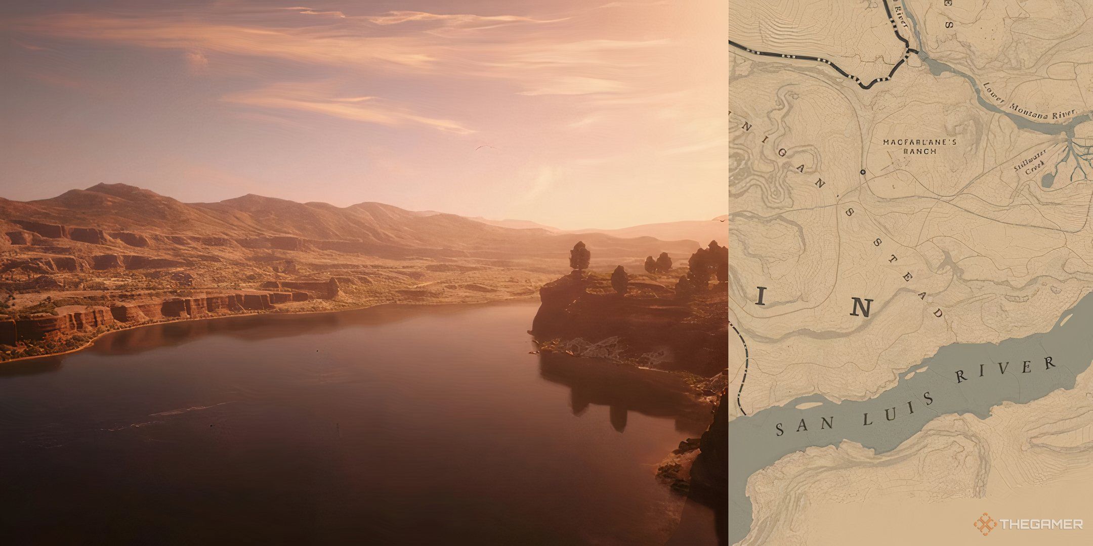 An image of the San Luis River from Red Dead Redemption 2, a massive river that runs through the desert. 