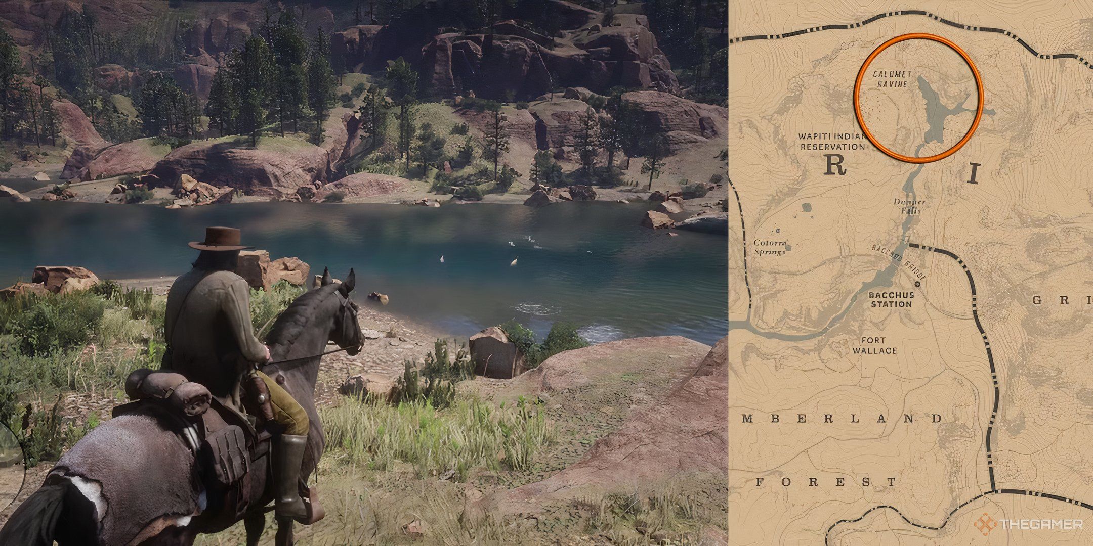 An image from Red Dead Redemption 2 of the Calumet Ravine. which is a lake and river next to the Indian Reservation.