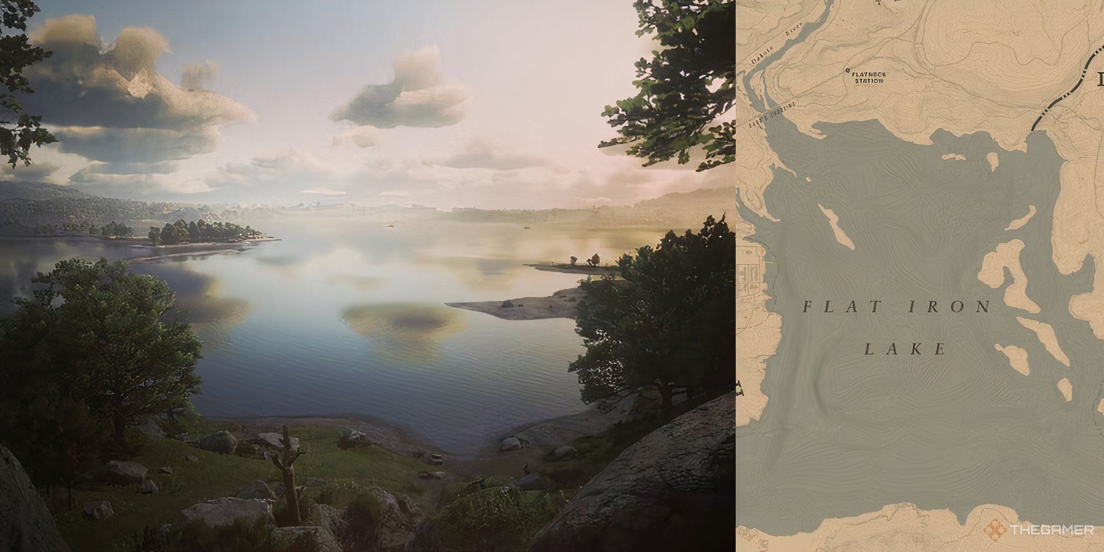 An image of the Flat Iron Lake from Red Dead Redemption 2, a massive body of water that connects Blackwater to the rest of the map.