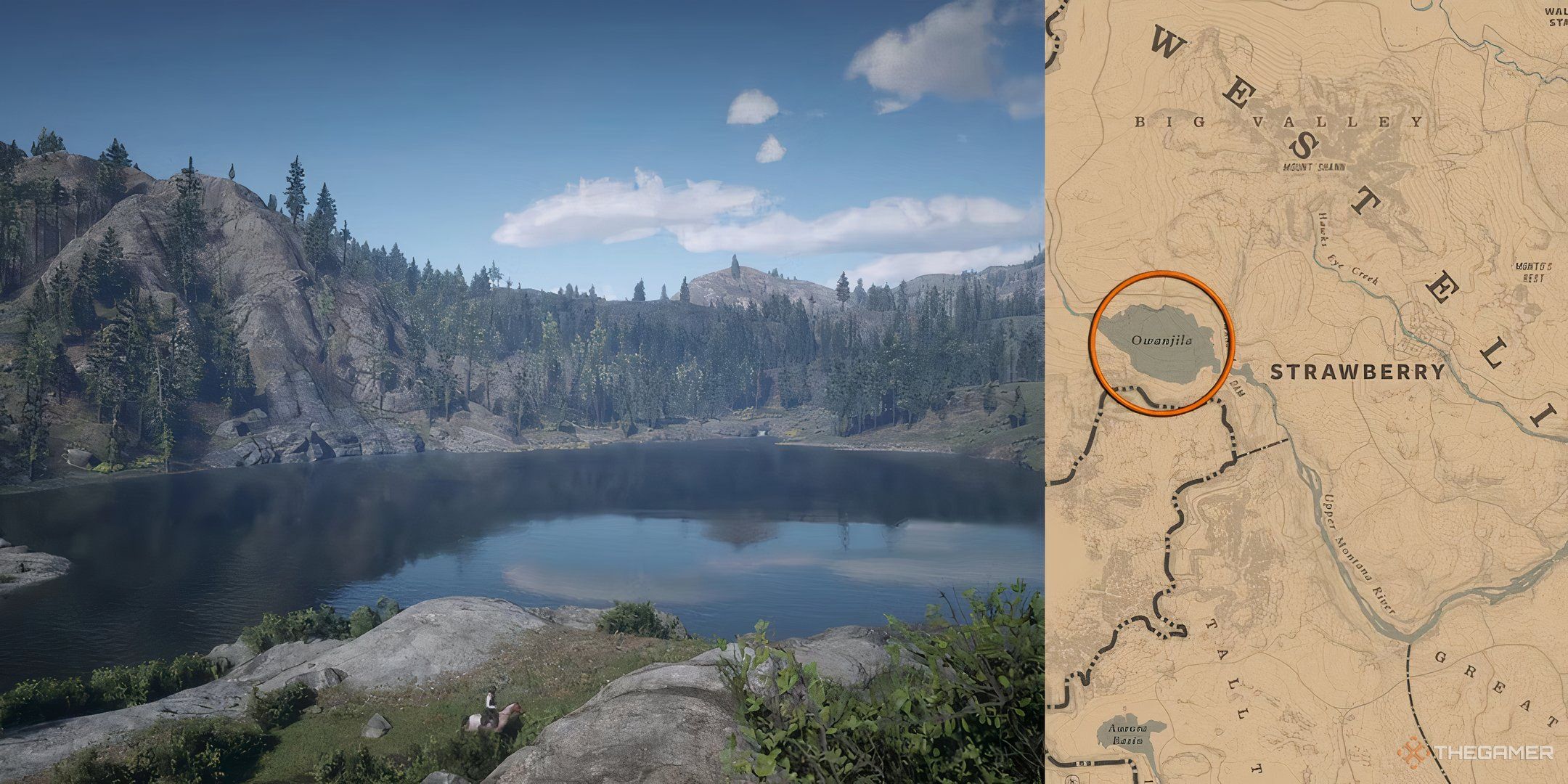 An image of the Owanjila Lake from Red Dead Redemption 2. This large body of water sits in the mountains next to Strawberry.