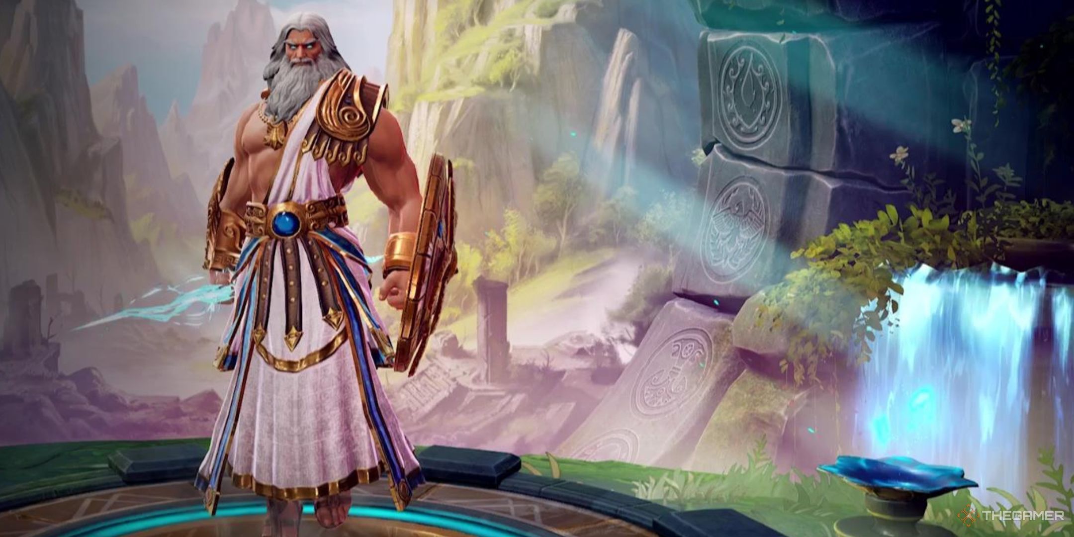 Zeus floats a few inches above a stone pedestal in Smite 2.