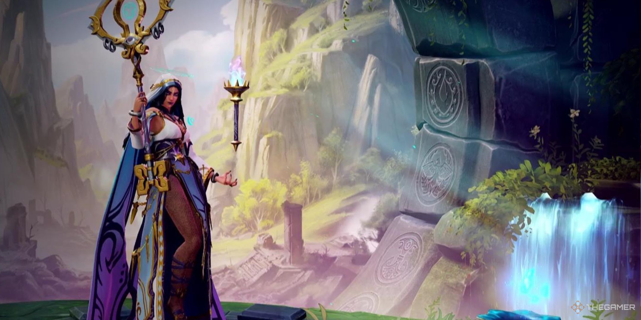 Hecate floats a few inches above a stone pedestal in Smite 2.