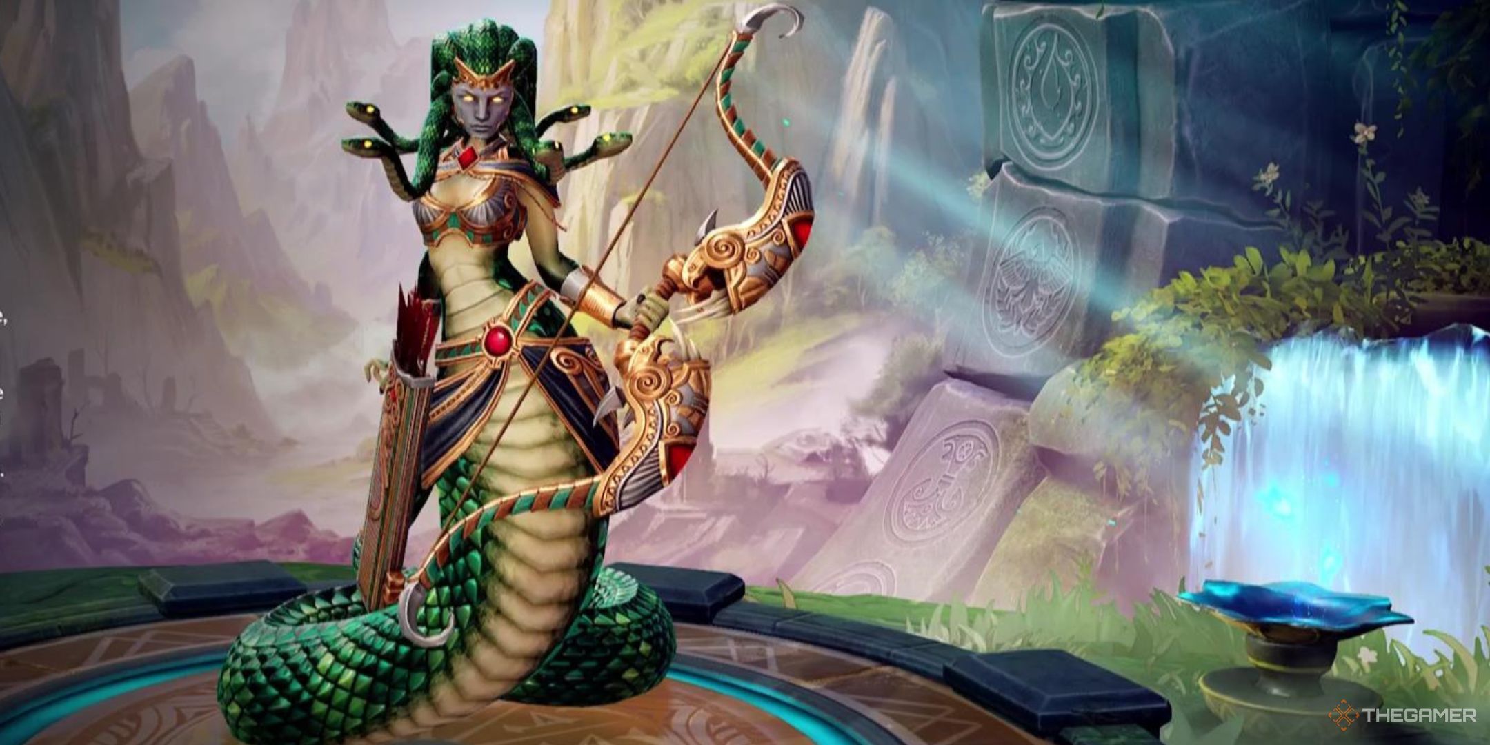 Medusa stands on a stone pedestal in Smite 2.