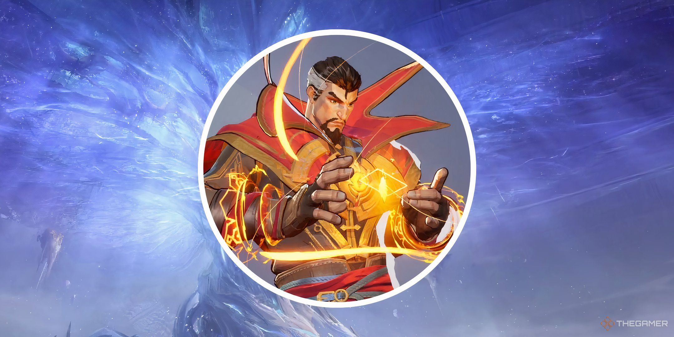 Dr. Strange in a split image with a glowing tree in Marvel Rivals. 