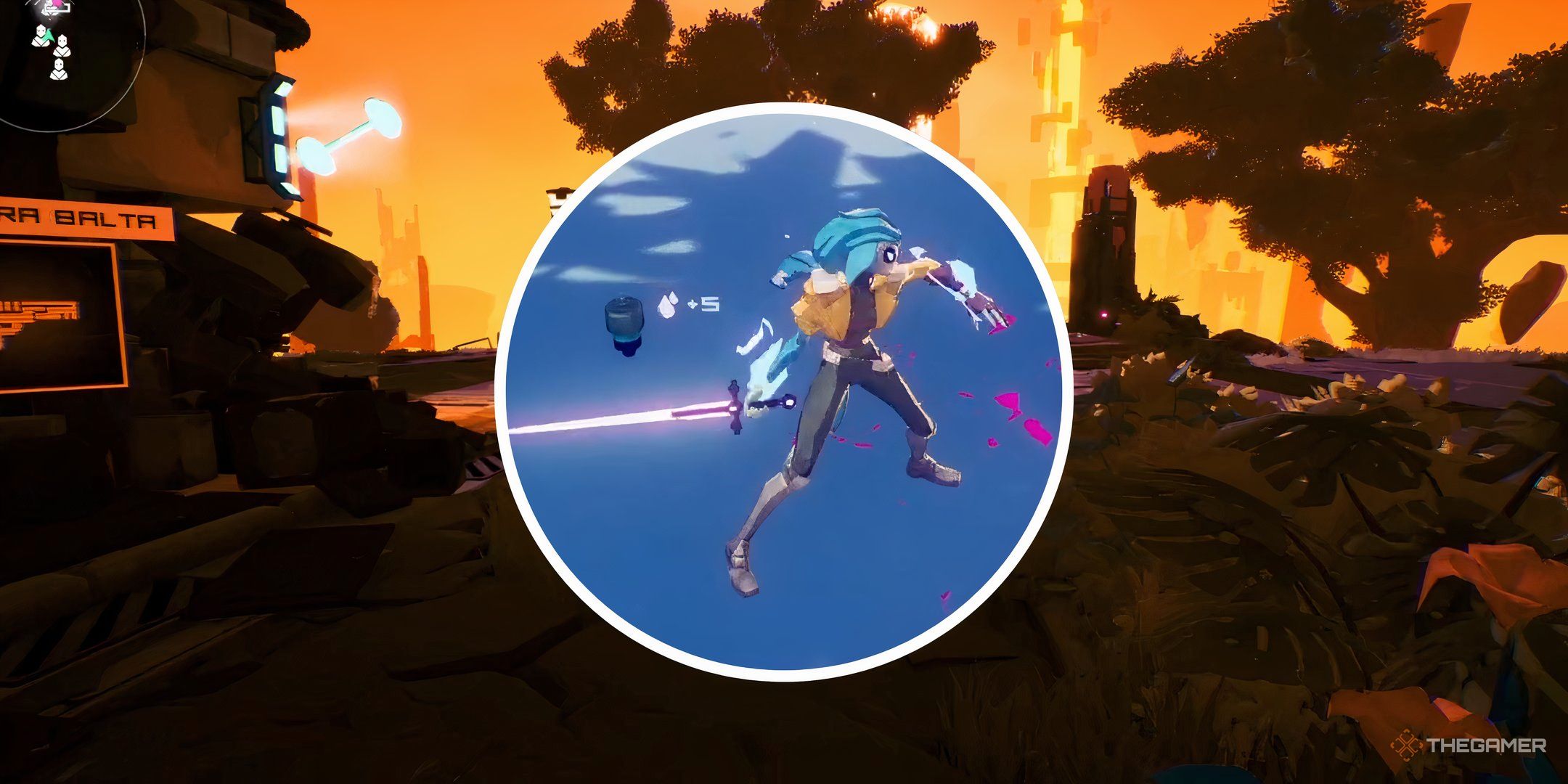A split image of one of the Breakers in Hyper Light Breaker wielding a Blade with a sunset background.
