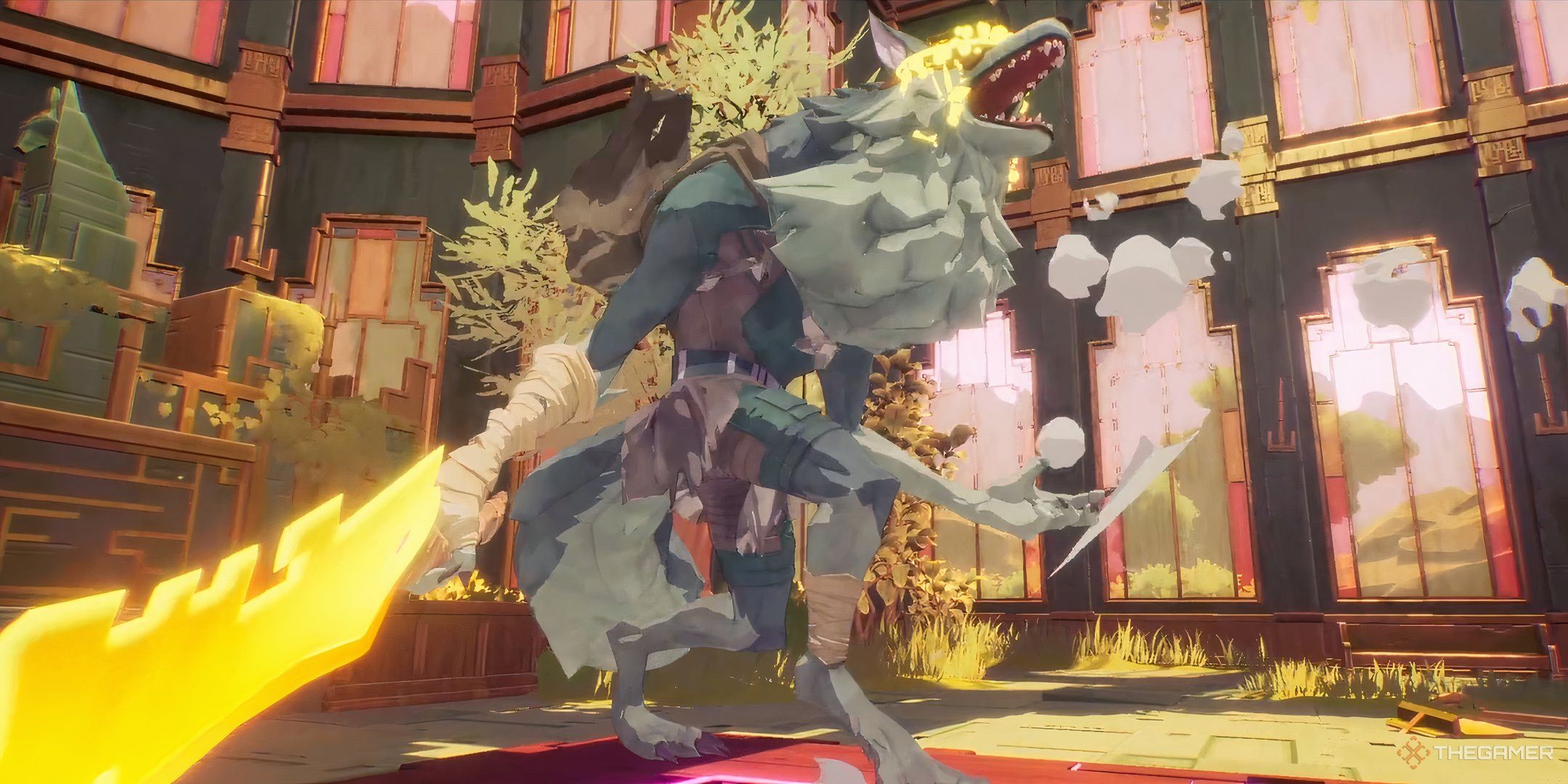 A wolf-like boss in Hyper Light Breaker, wielding a giant yellow sword.