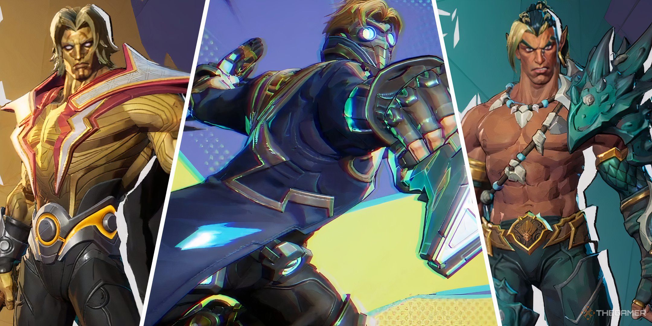 A split image of Adam Warlock, Starlord, and Namor in Marvel Rivals
