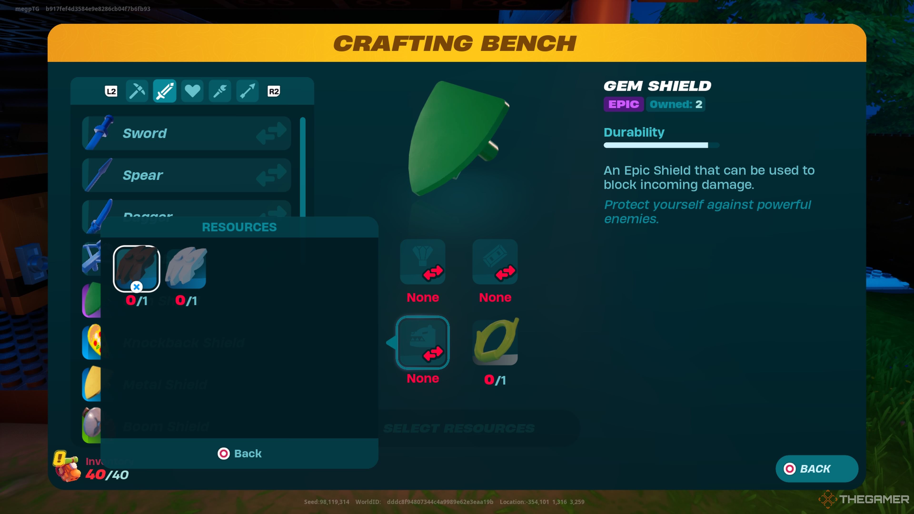 Crafting a shield in Lego Fortnite Odyssey.