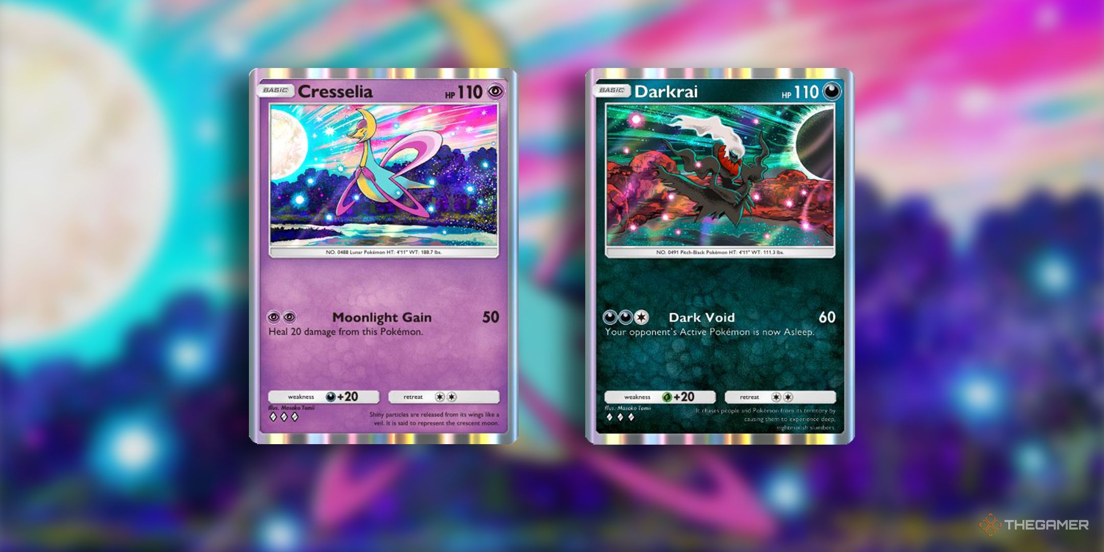 Cresselia and Darkrai cards with cresselia art in the background in Pokemon TCG Pocket.