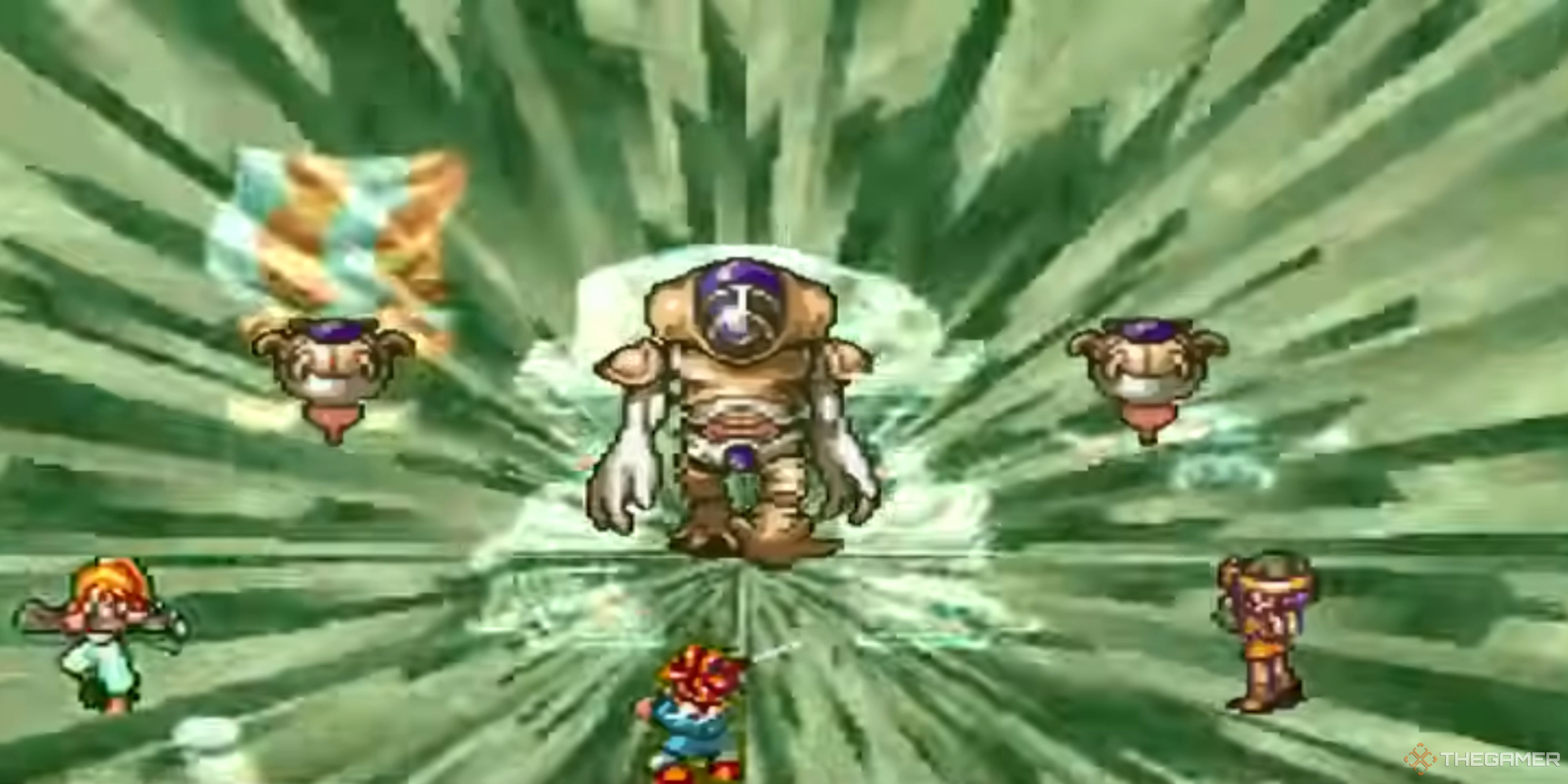 Crono, Marle, and Lucca face Lavos Core in Chrono Trigger.