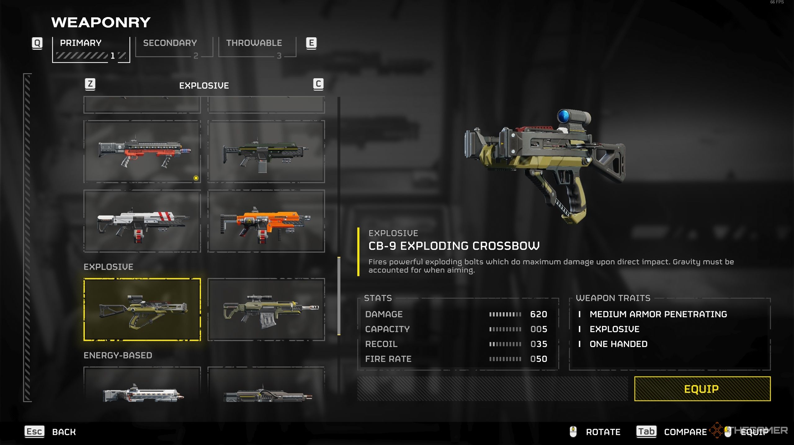 The CB-9 Exploding Crossbow&rsquo;s information screen on Helldivers 2.
