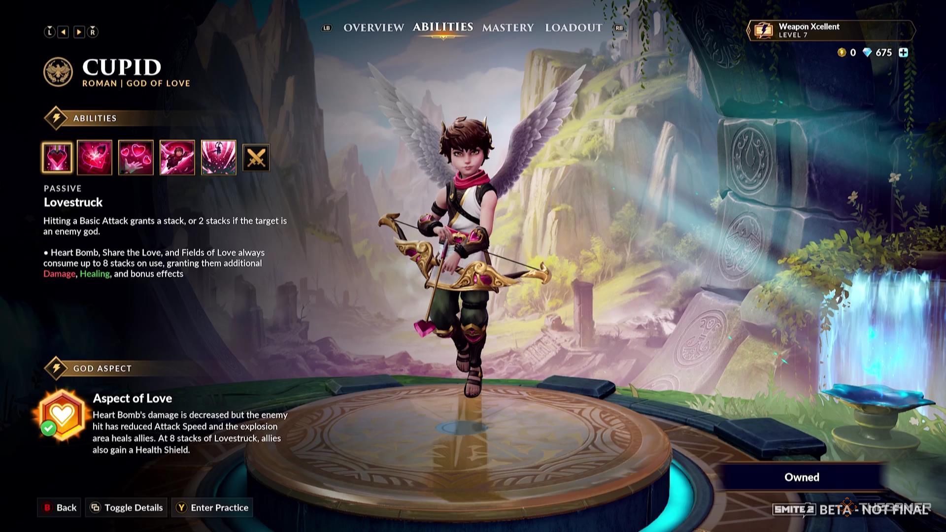 Cupid&rsquo;s God Aspect in their ability screen of Smite 2.