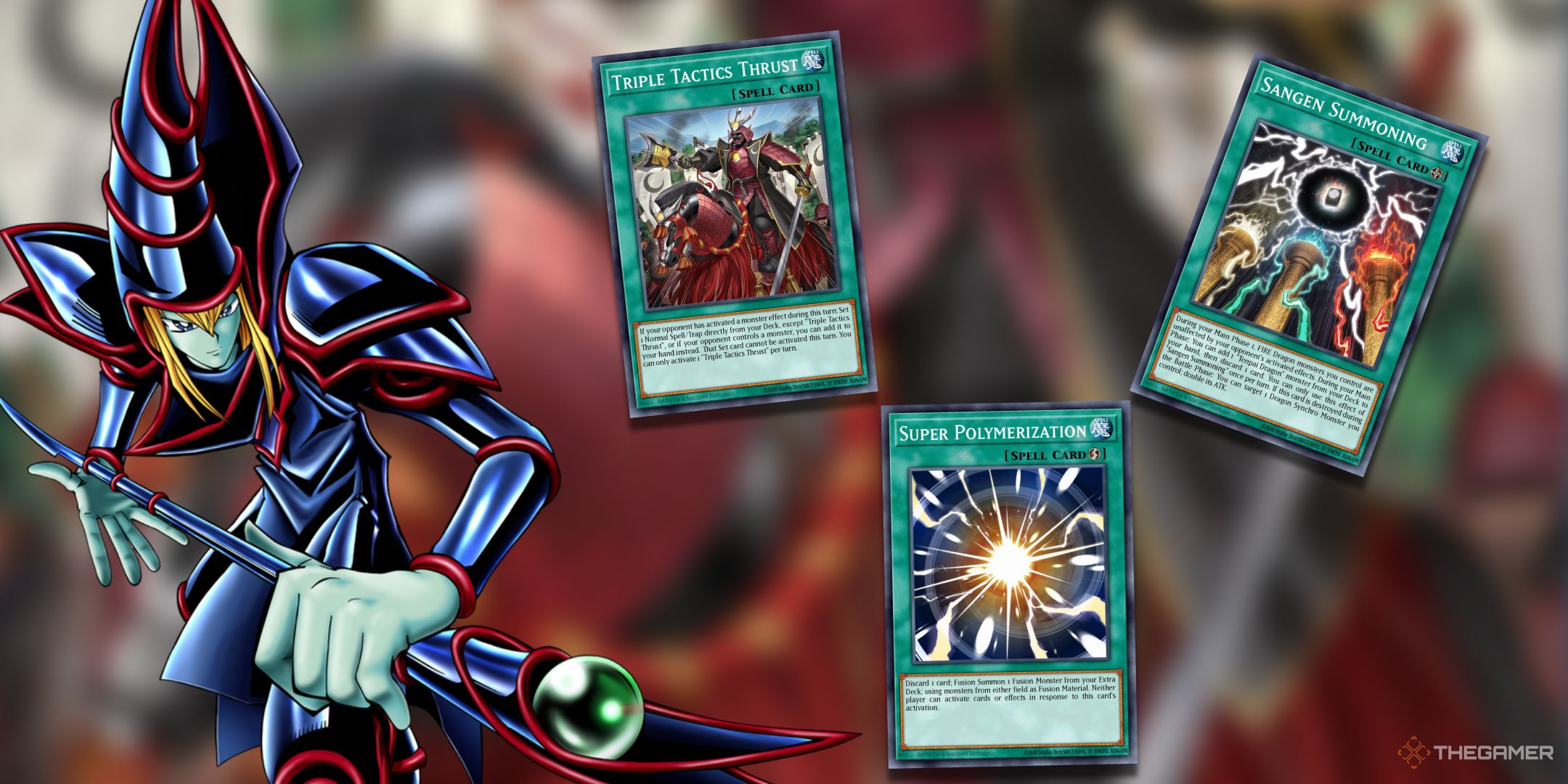 Dark Magician and a collage of Spell cards from the Yu-Gi-Oh! TCG.