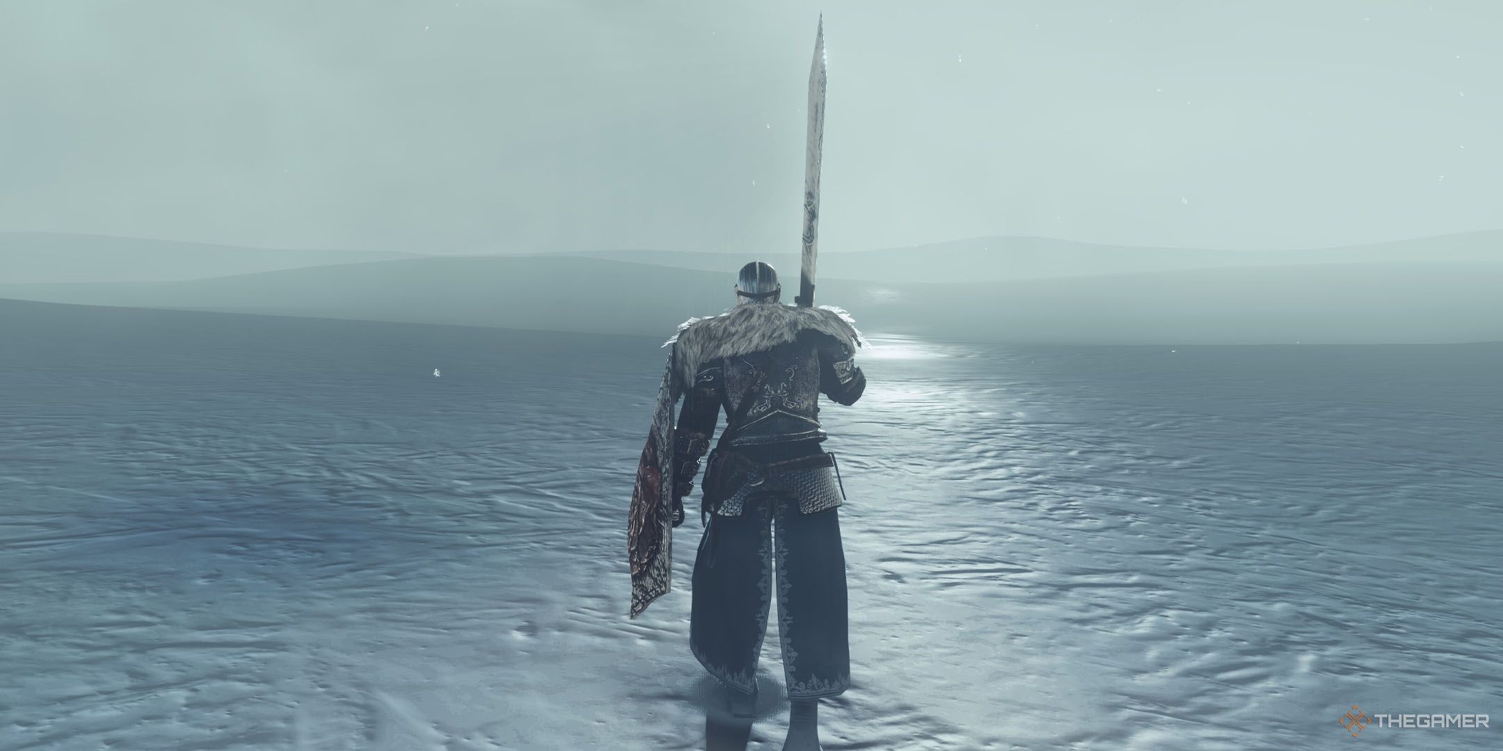 Dark Souls 2 knight walking through a snowy field.