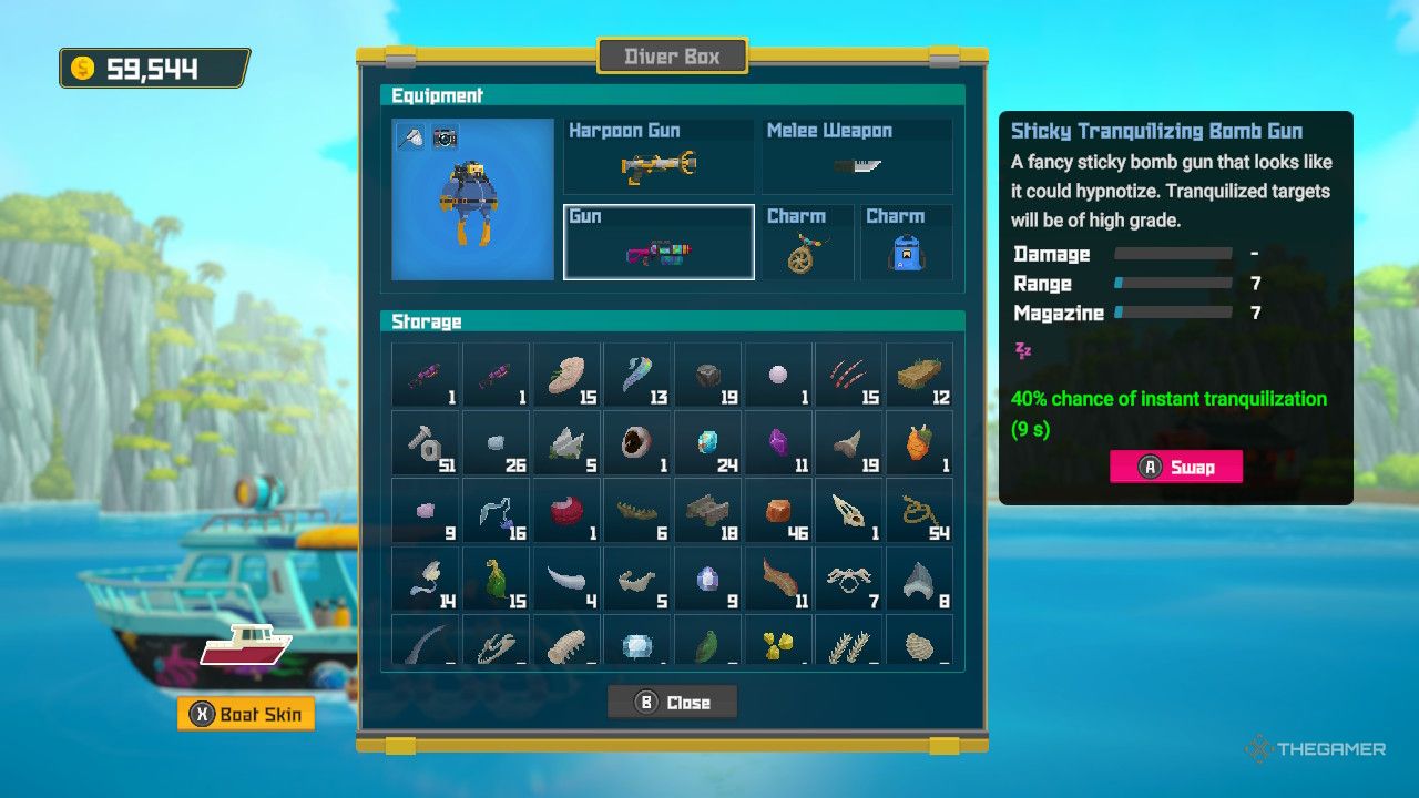 Dave The Diver Tranquilizing Bomb Gun highlighted in Dave&rsquo;s diver box.