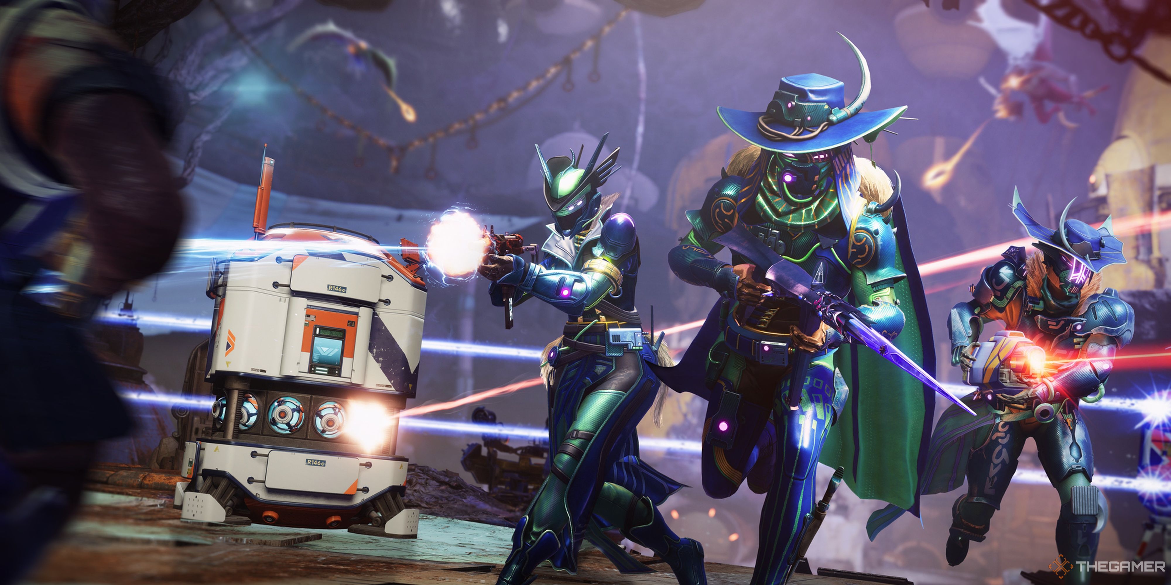 Destiny 2 characters in silly hats and exotic armor.