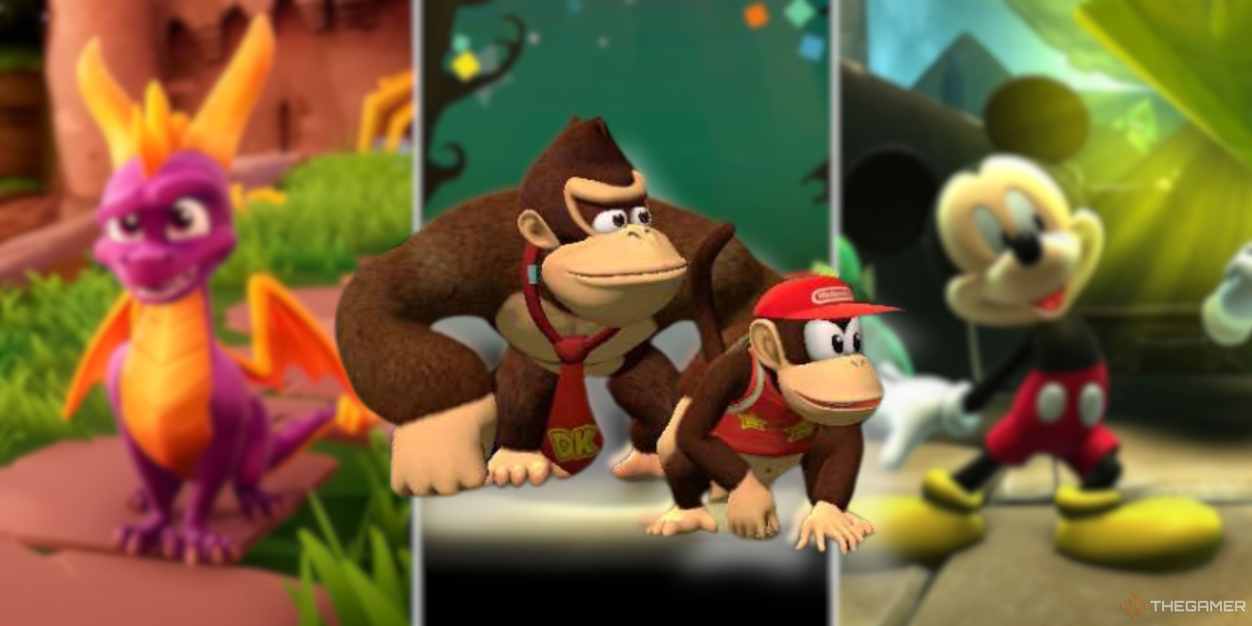 Donkey Kong and Diddy are overlaid on blurred screenshots from Spyro Reignited Trilogy and Castle of Illusions.