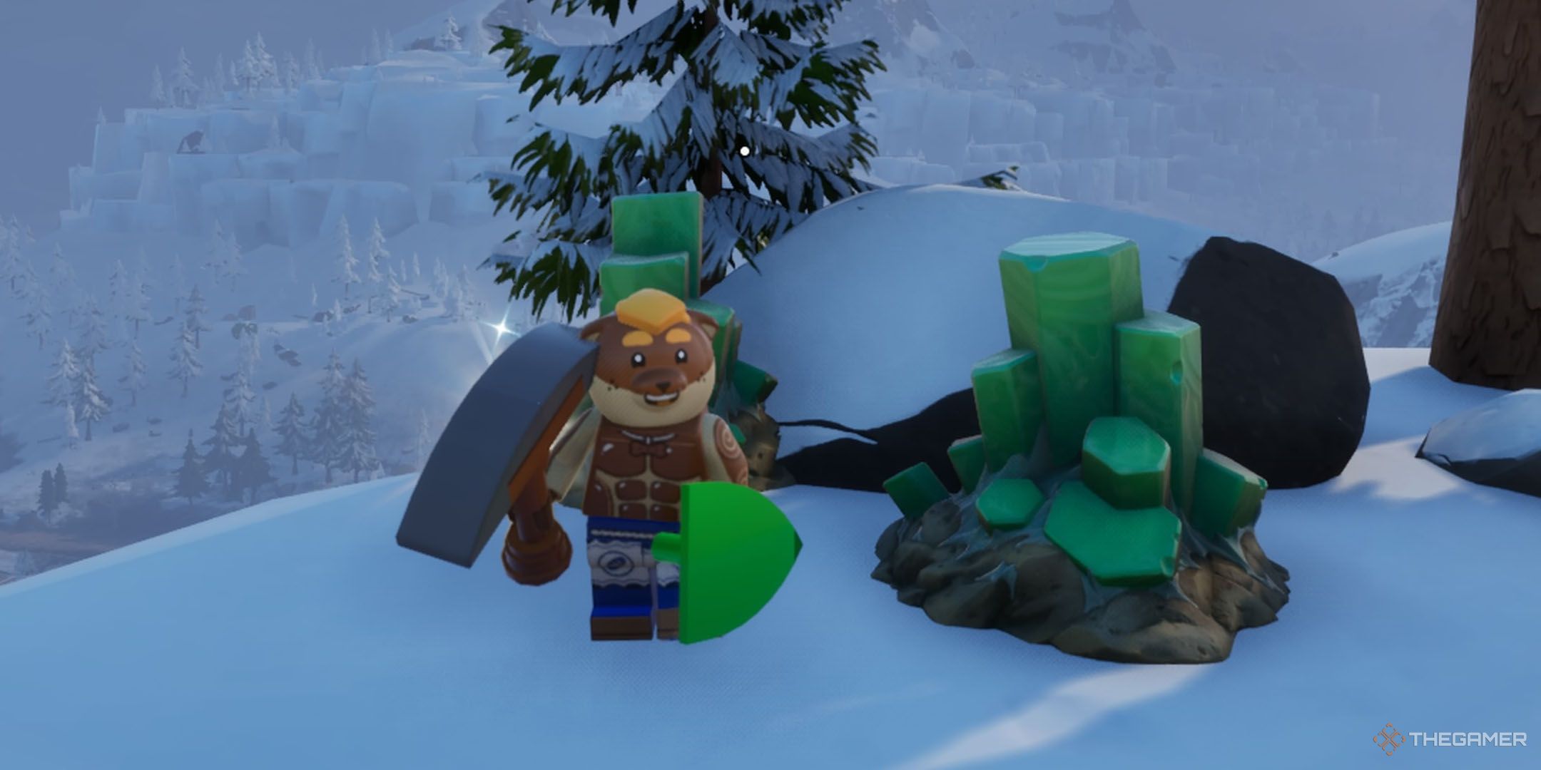 Doughberman beside some malachite in Lego Fortnite Odyssey.