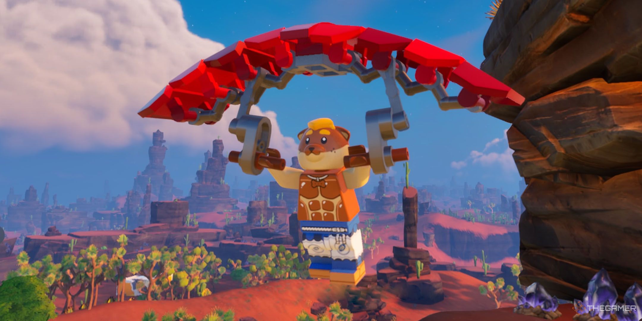 Doughberman using a glider in Lego Fortnite Odyssey.