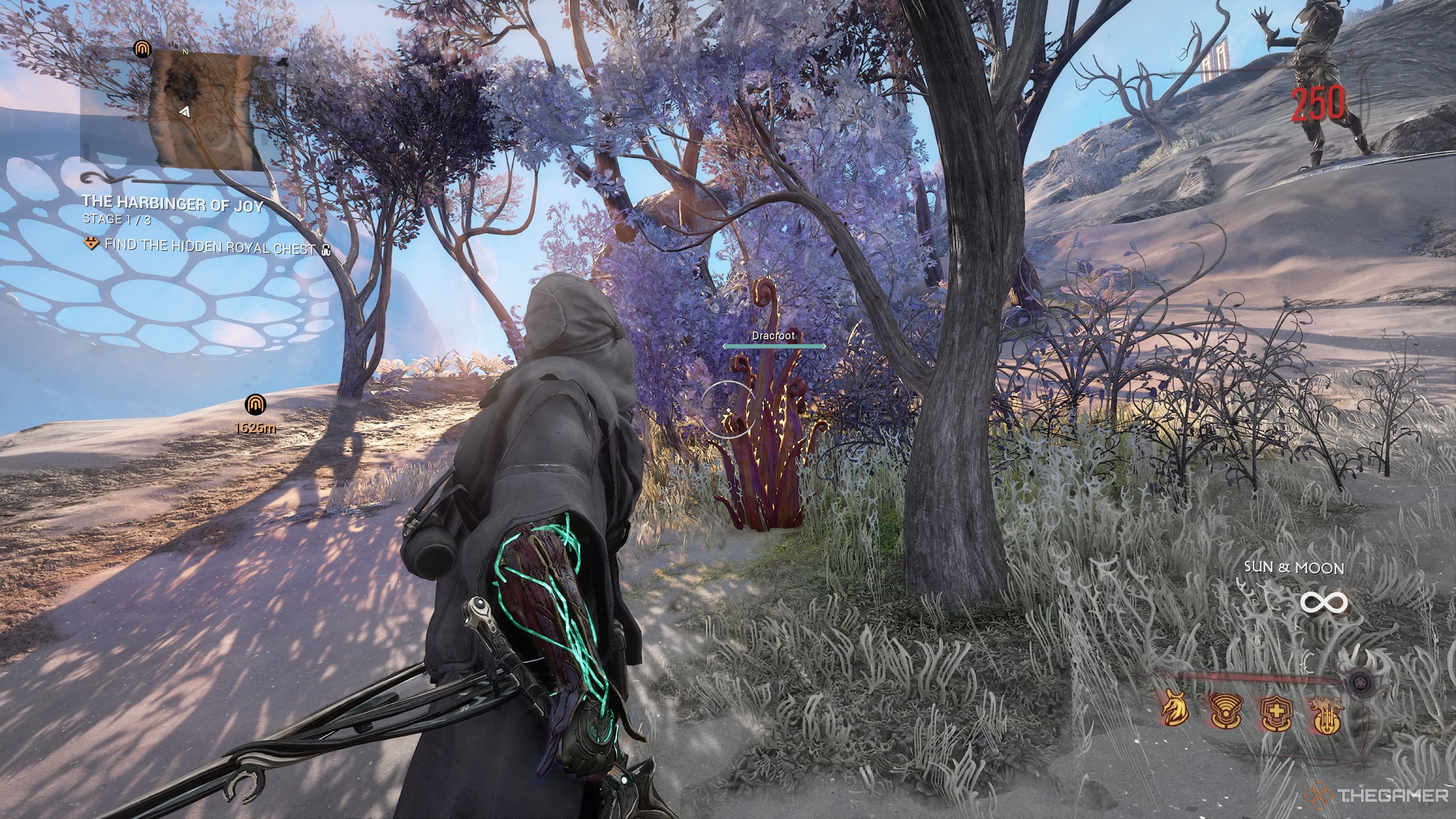 An image showing a Dracroot next to the player. It is close to a cliffside and next to a tree. The Dracroot has a reddish hue and has glowing spots over its tentacle-like spines. The player is aiming over it in the image.