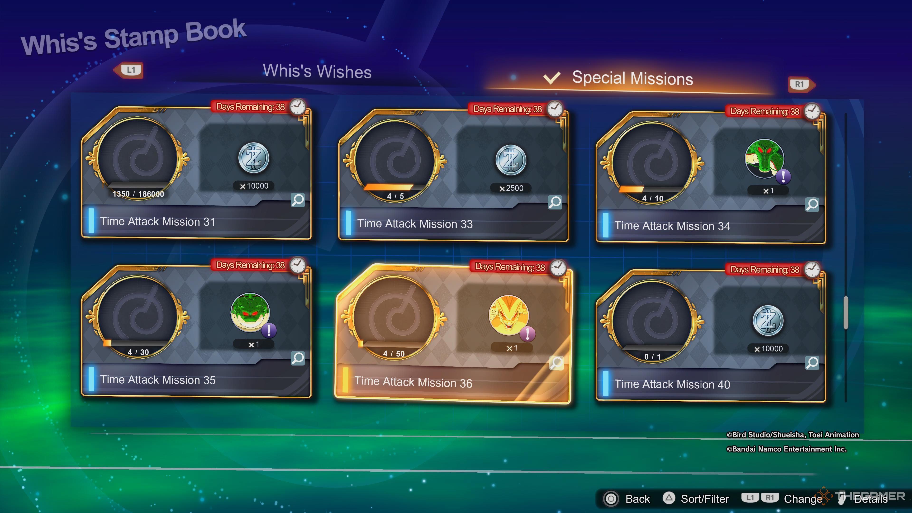 The special missions screen, displaying possible rewards in Dragon Ball: Sparking Zero.