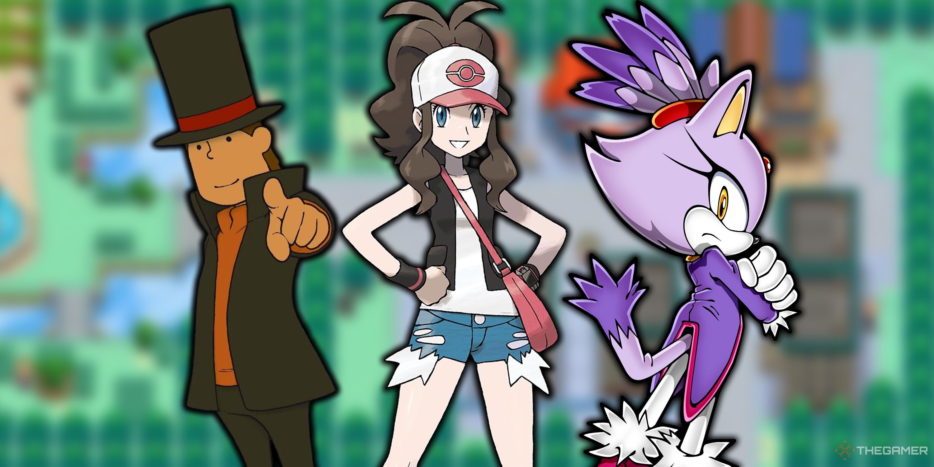 Professor Layton, Hilda from Pokemon, and Blaze the Cat standing side by side.