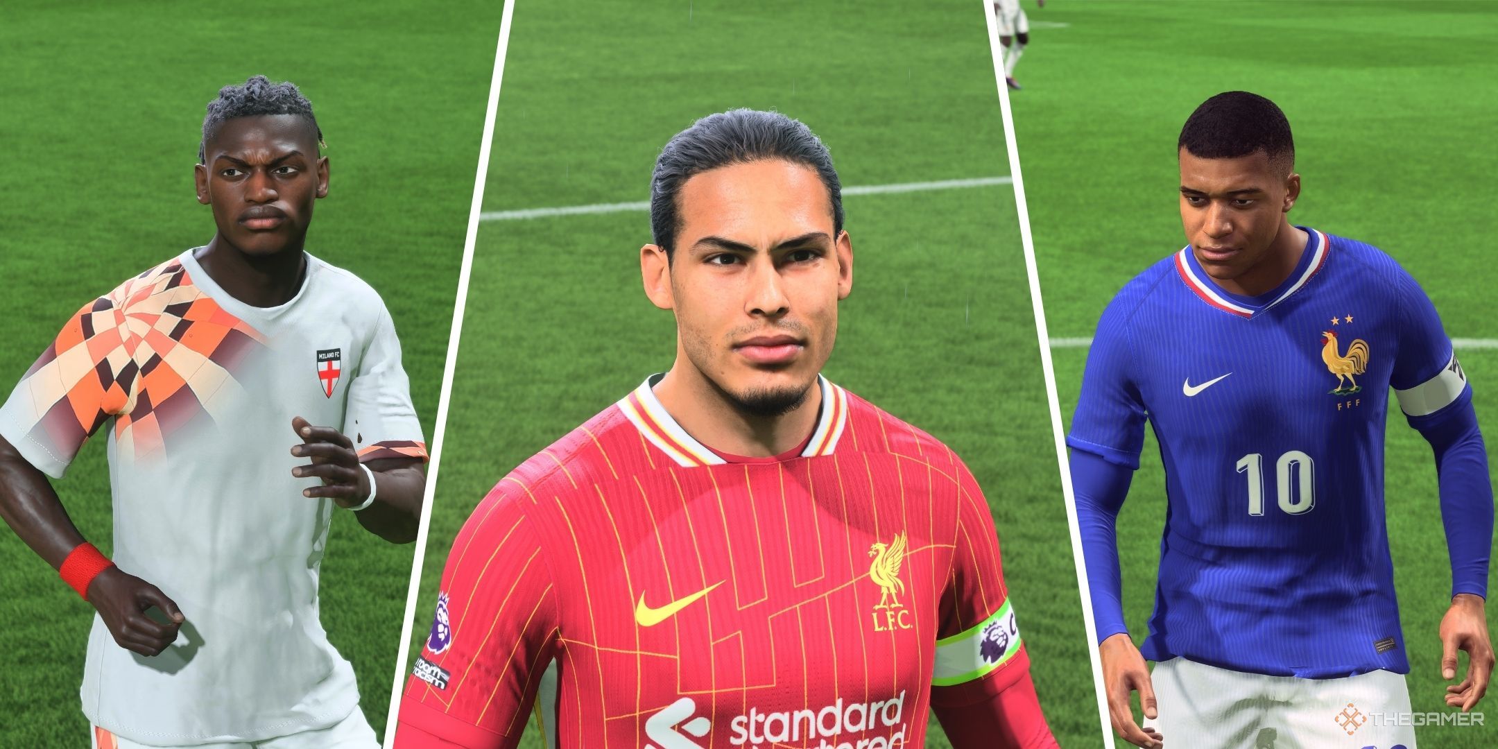 A split image of Rafael Leao, Virgil van Dijk, and Kylian Mbappe in EA Sports FC 25.