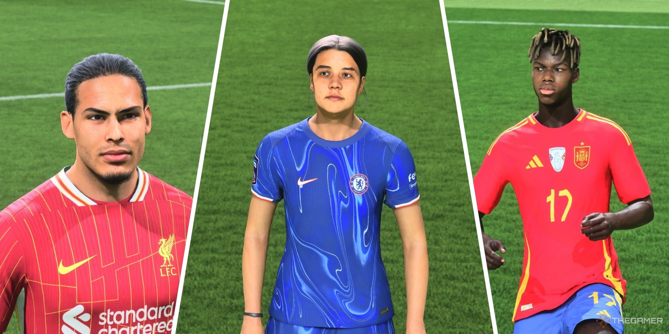 A split image of Virgil van Dijk, Sam Kerr, and Nico Williams in EA Sports FC 25.