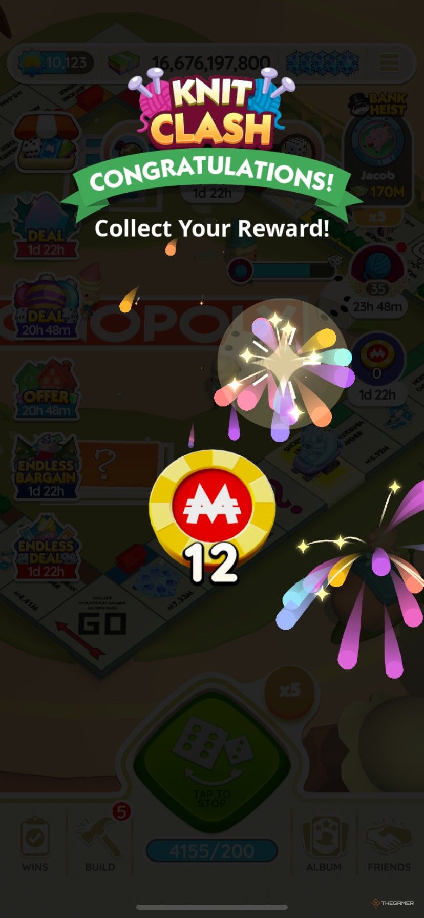 کسب 12 تراشه Peg-E Sticker Drop از Knit Clash در Monopoly Go.