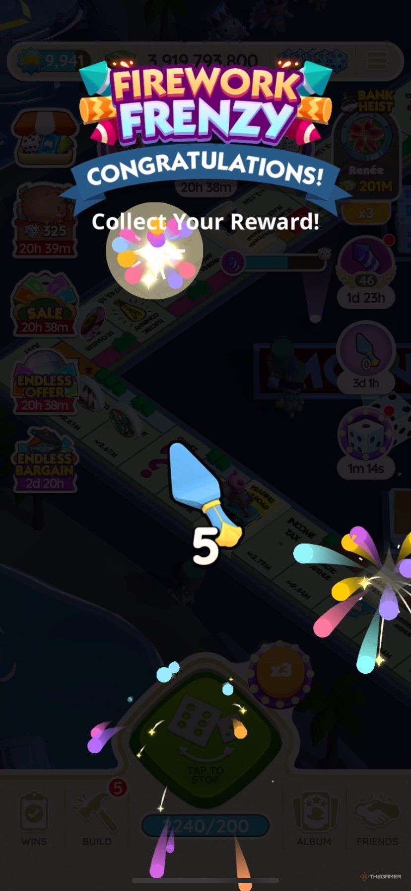 Earning 5 New Year&rsquo;s Treasures tokens from Firework Frenzy in Monopoly Go.