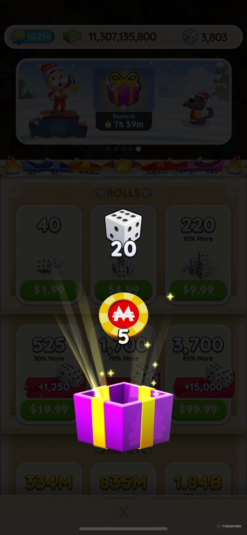 Earning 5 Peg-E Dice Drop chips from the in-store rewards in Monopoly Go.