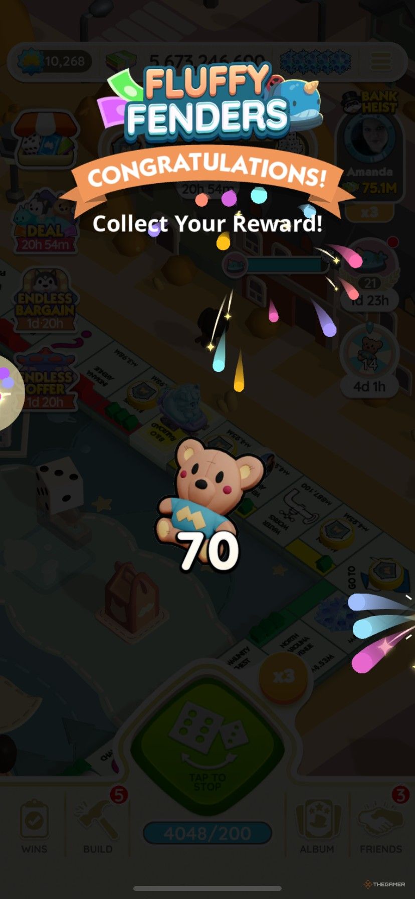 Earning 70 Plushie Partners bear tokens in Fluffy Fenders in Monopoly Go.