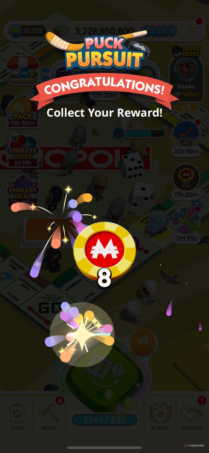 Earning 8 Peg-E Dice Drop tokens in Puck Pursuit in Monopoly Go.